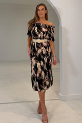 Jordana Off the Shoulder Midi Dress Brown Abstract