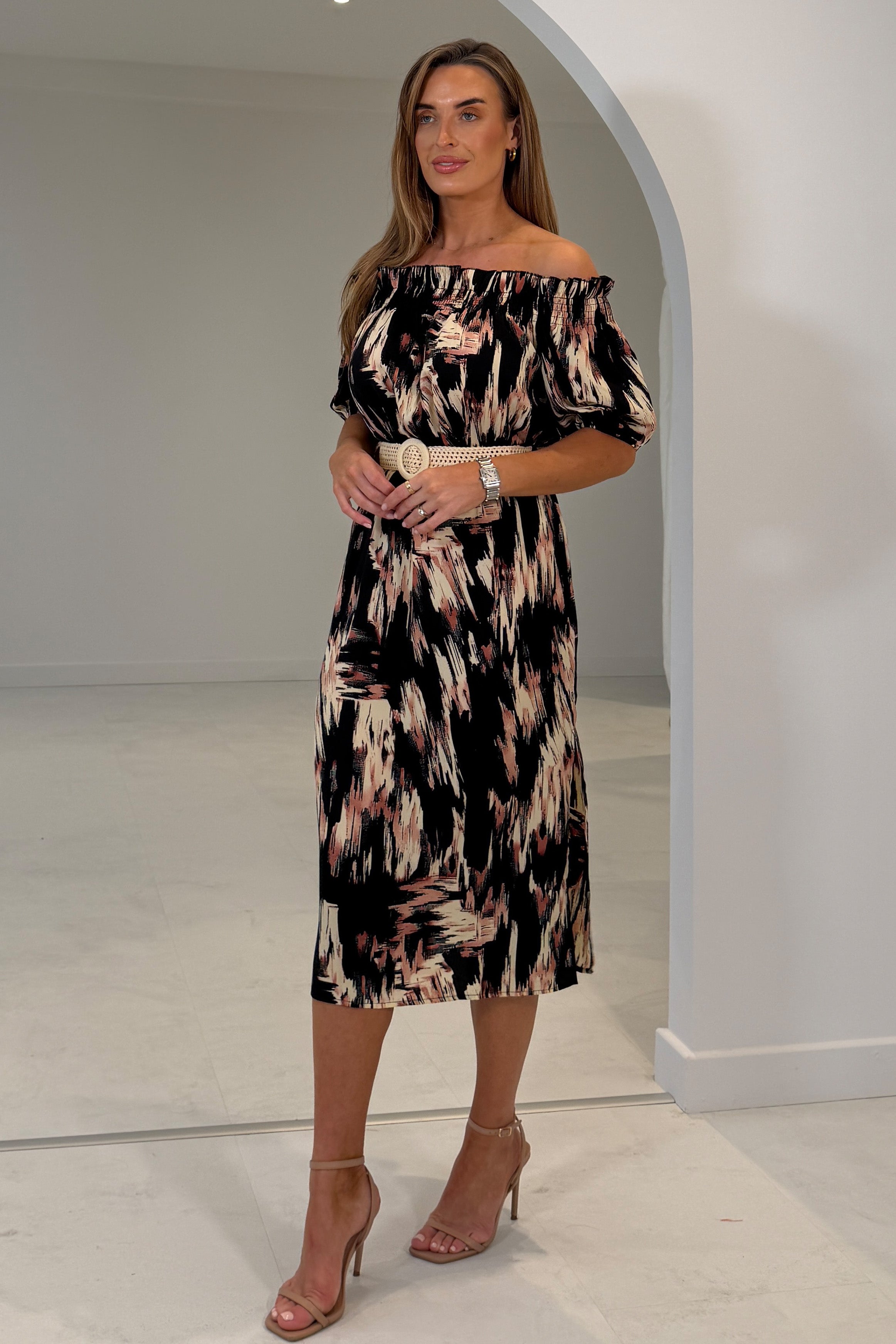 Jordana Off the Shoulder Midi Dress Brown Abstract