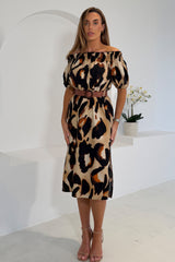 Jordana Off the Shoulder Midi Dress Brown Animal