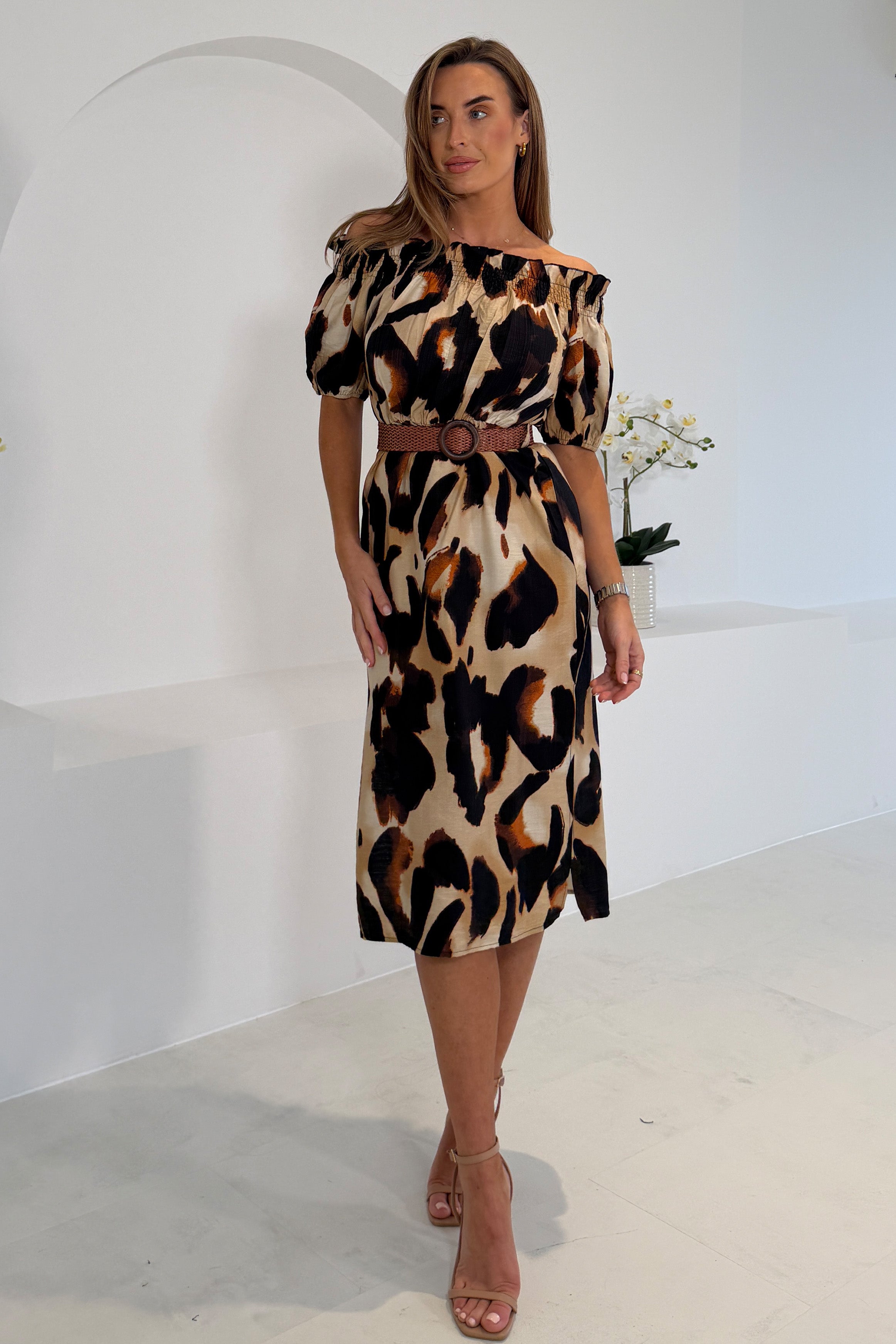 Jordana Off the Shoulder Midi Dress Brown Animal