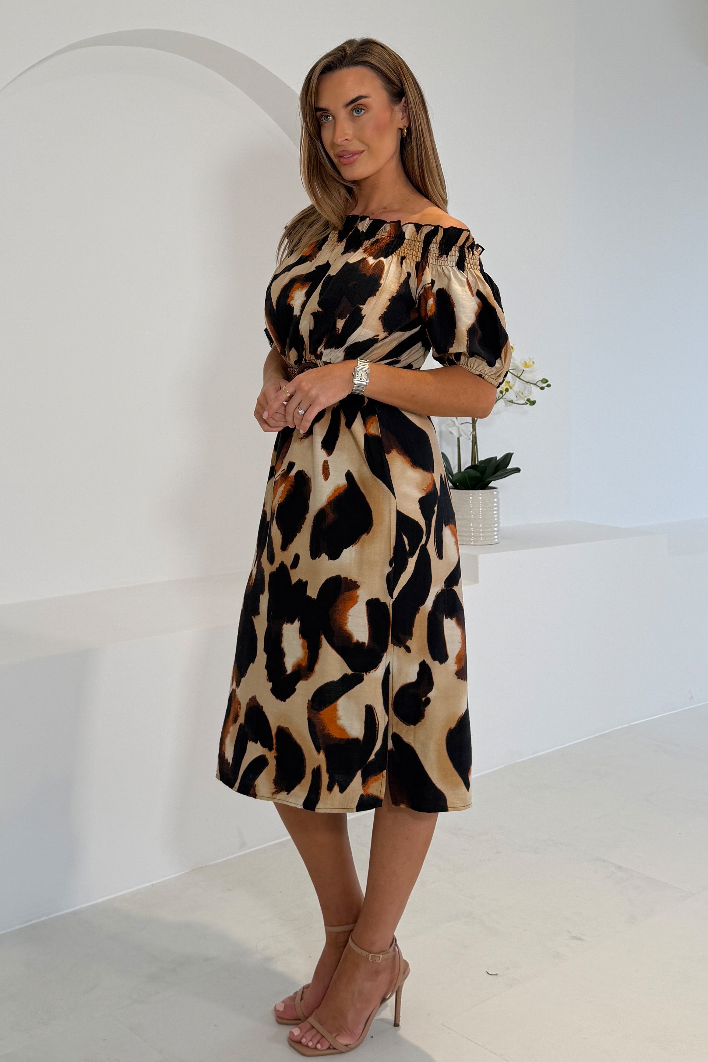 Jordana Off the Shoulder Midi Dress Brown Animal