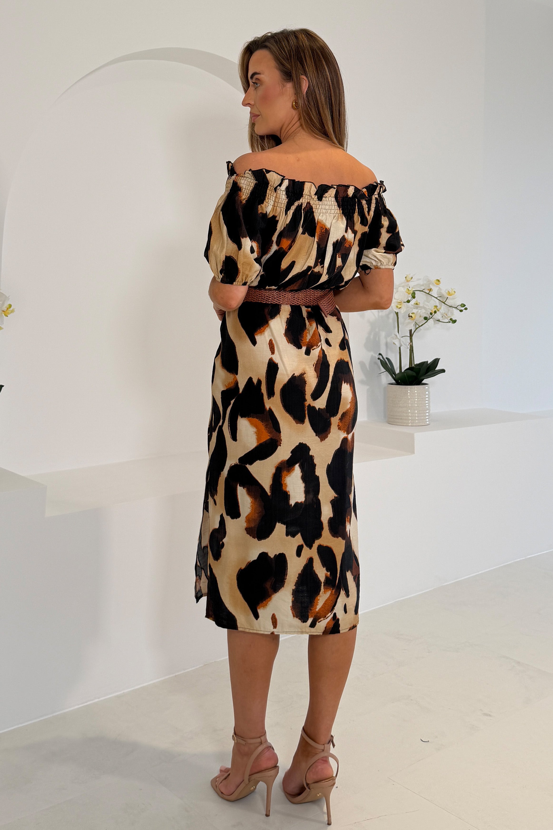 Jordana Off the Shoulder Midi Dress Brown Animal