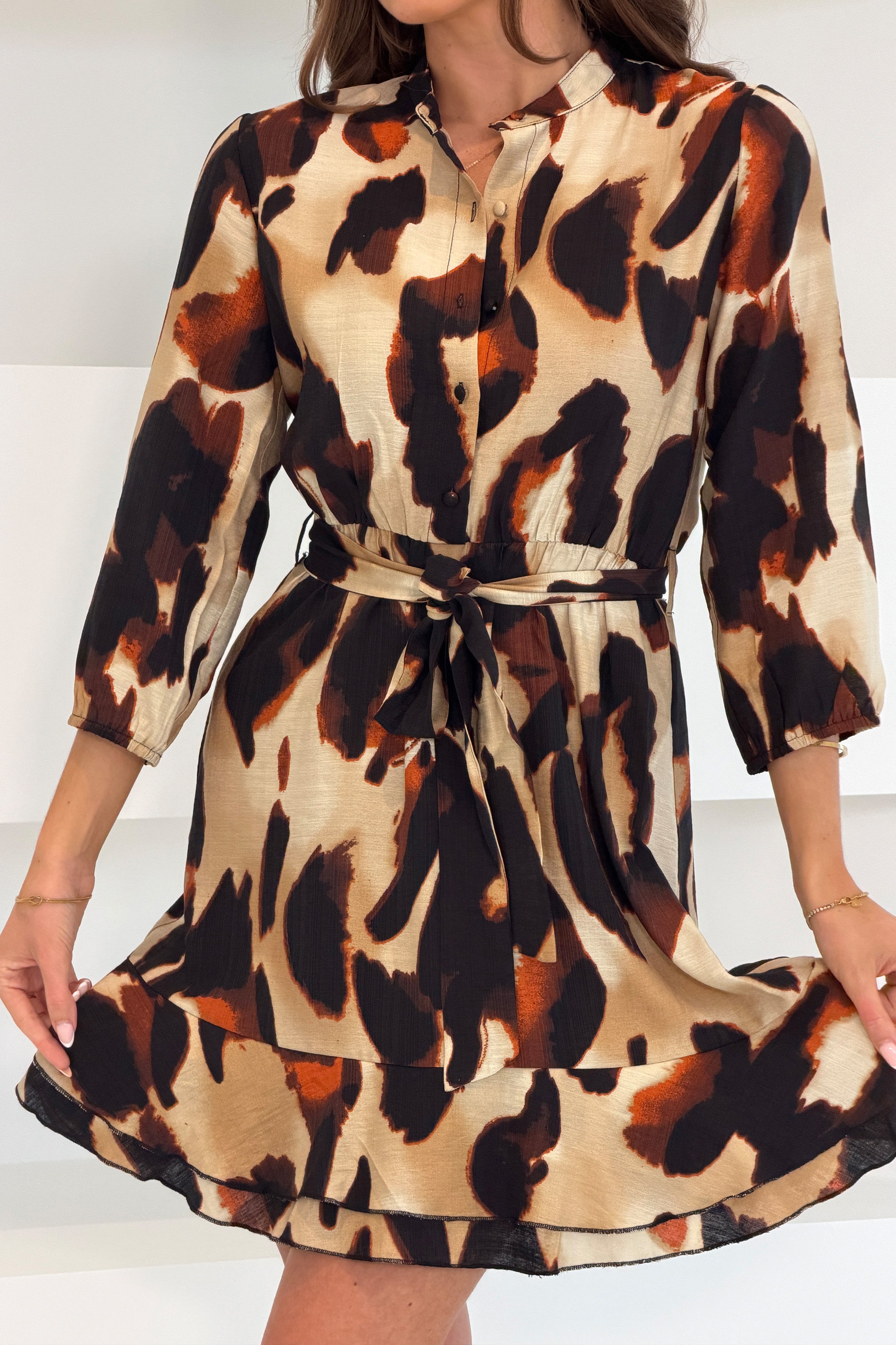Ashton Brown Animal Frill Mini Dress
