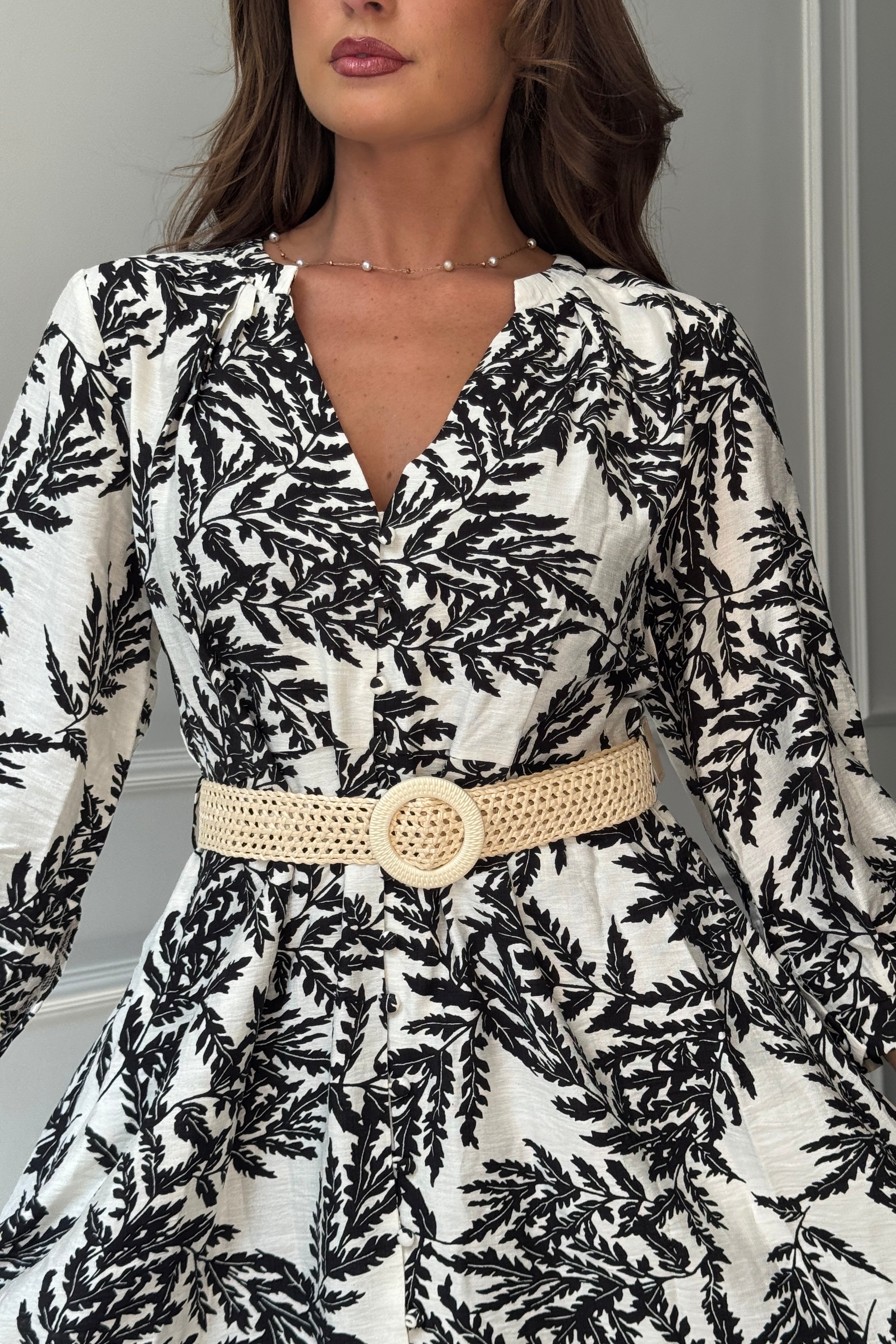 Billy Belted 3/4 Sleeve Mini Shirt Dress In Mono Floral