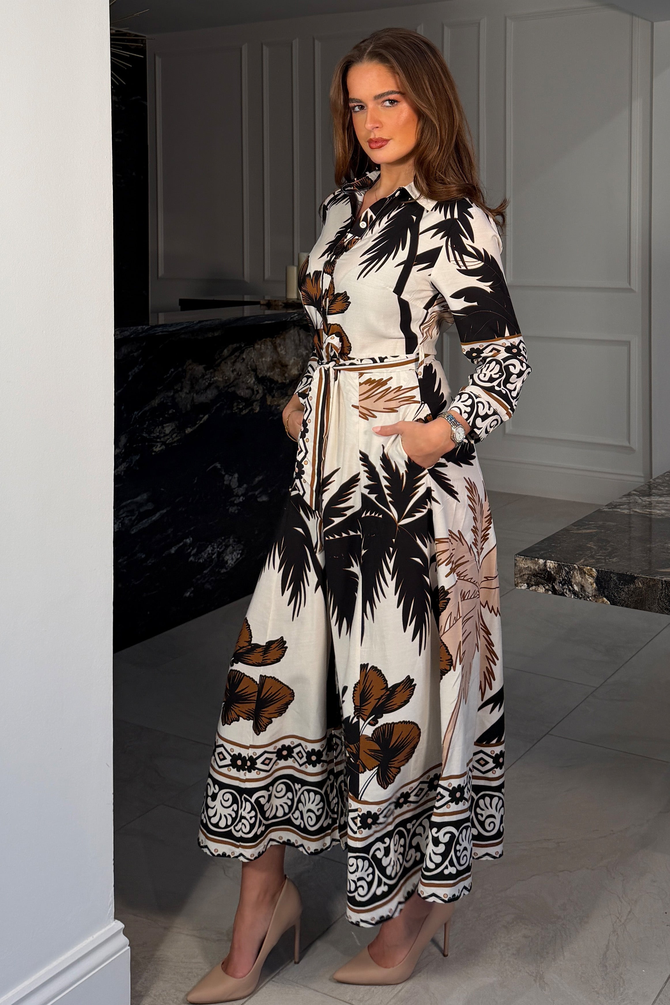 Angela Palm Print Shirt Maxi Dress