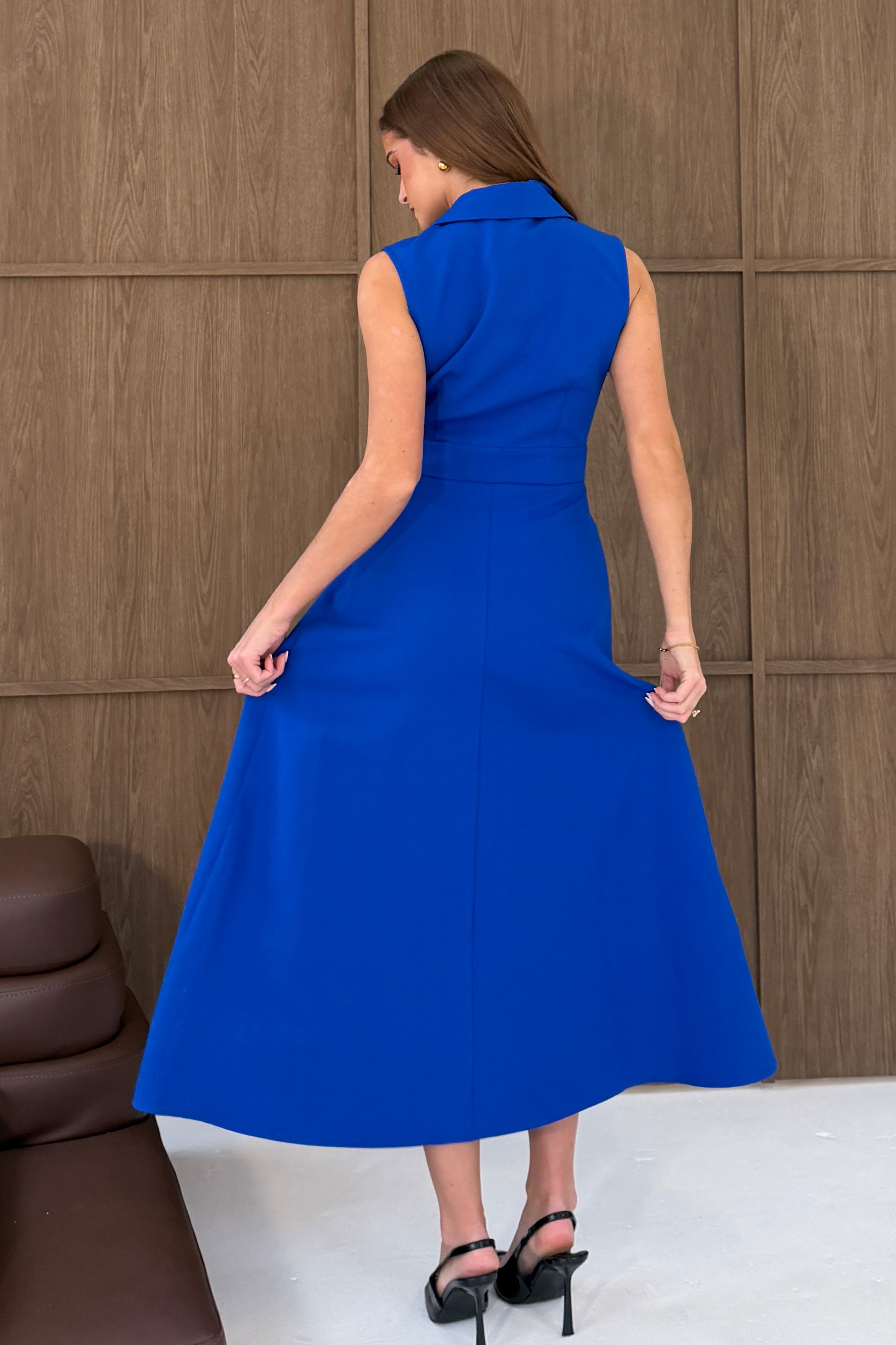 Cameron Collared Tailored Gold Button Shirt Dress Cobalt