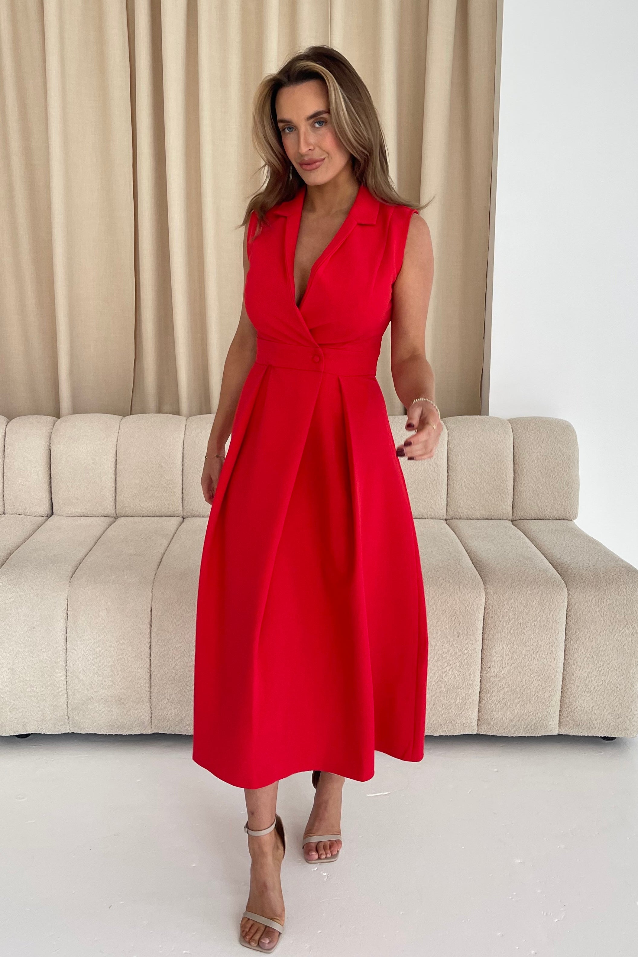 Cameron Collared Tailored Shirt Dress Red