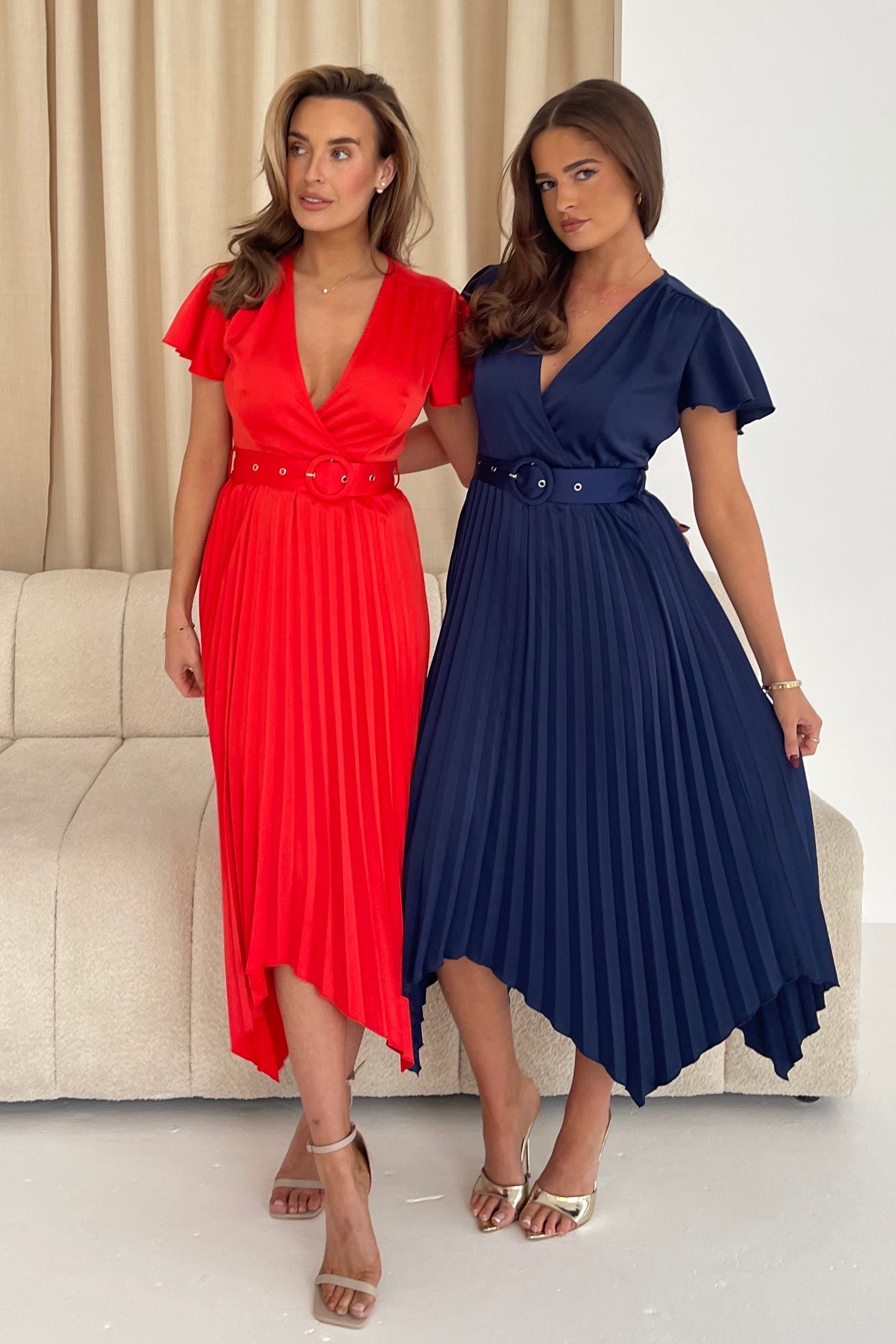 Brooklyn Asymmetric Pleated Belted Midi Dress Navy