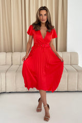 Brooklyn Asymmetric Pleated Belted Midi Dress Red