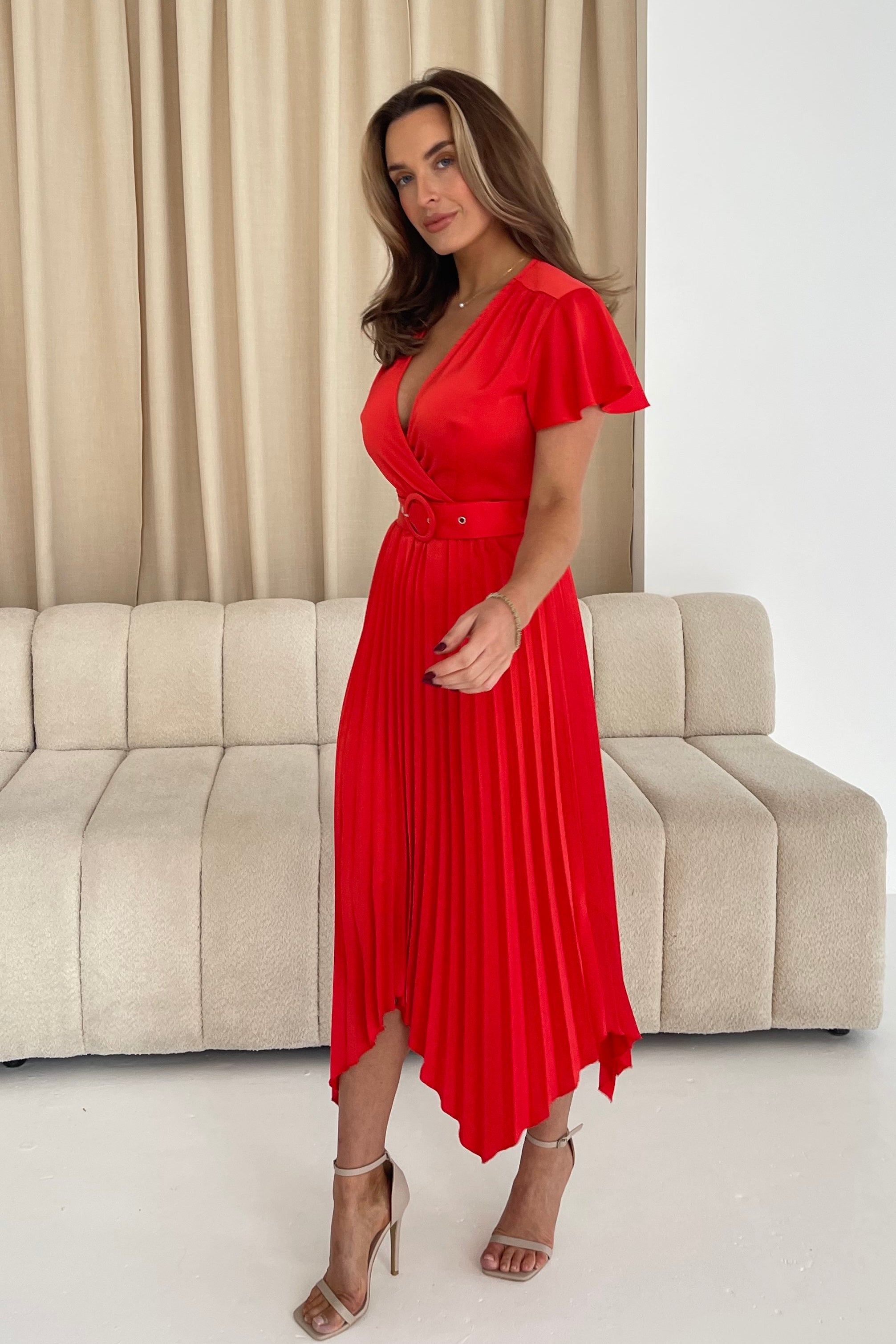 Brooklyn Asymmetric Pleated Belted Midi Dress Red