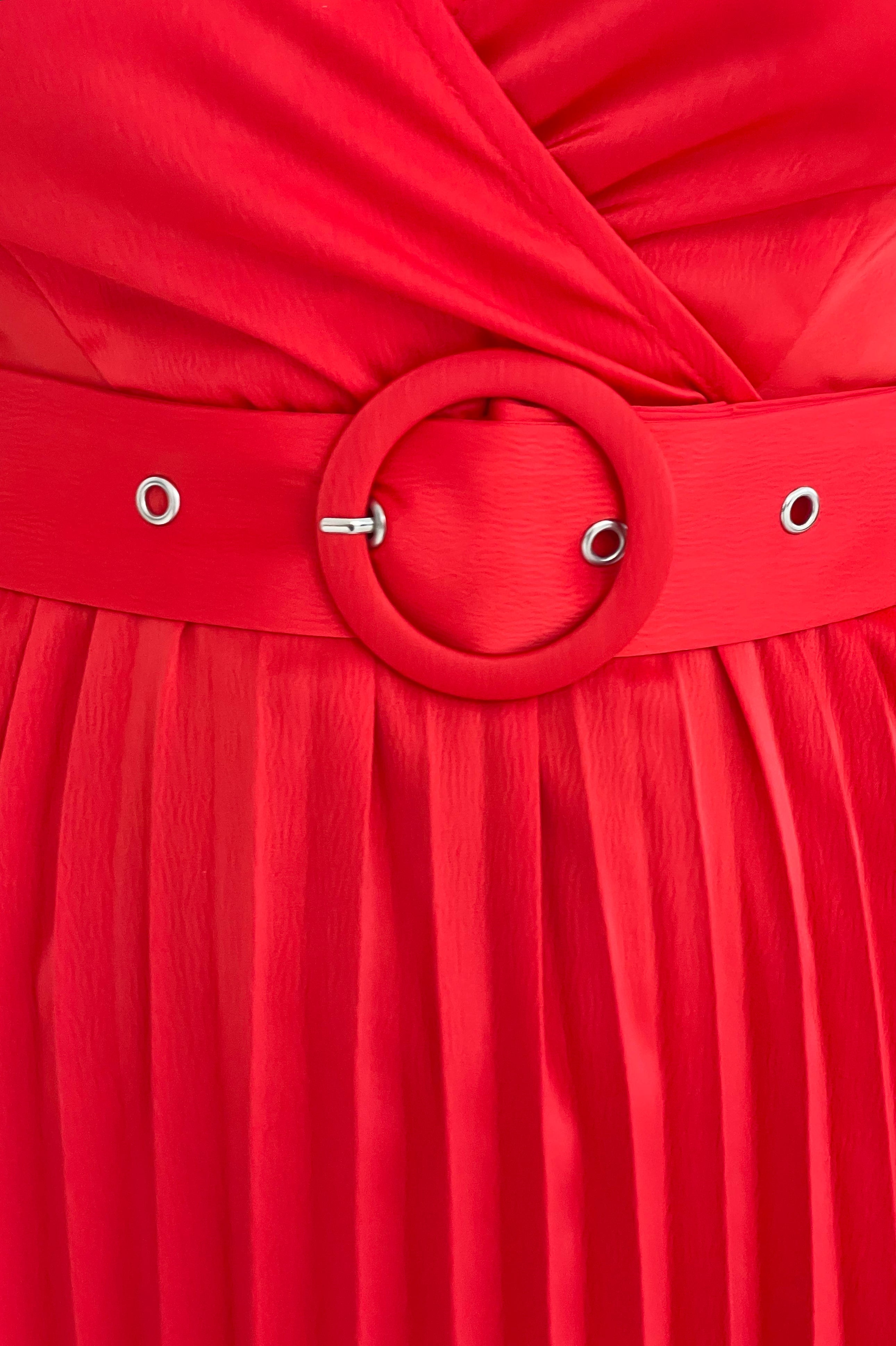 Brooklyn Asymmetric Pleated Belted Midi Dress Red