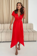 Brooklyn Asymmetric Pleated Belted Midi Dress Red