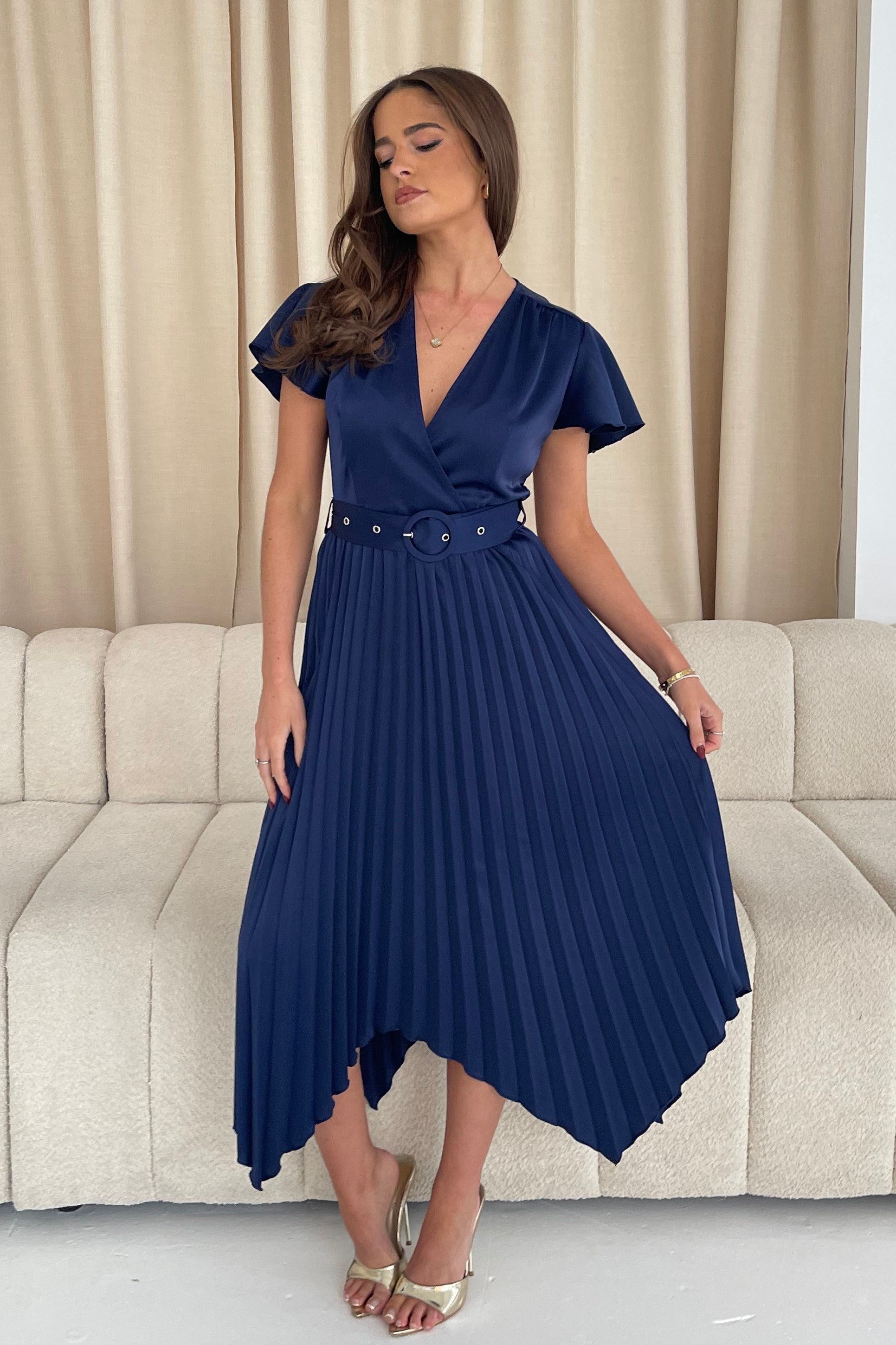 Brooklyn Asymmetric Pleated Belted Midi Dress Navy