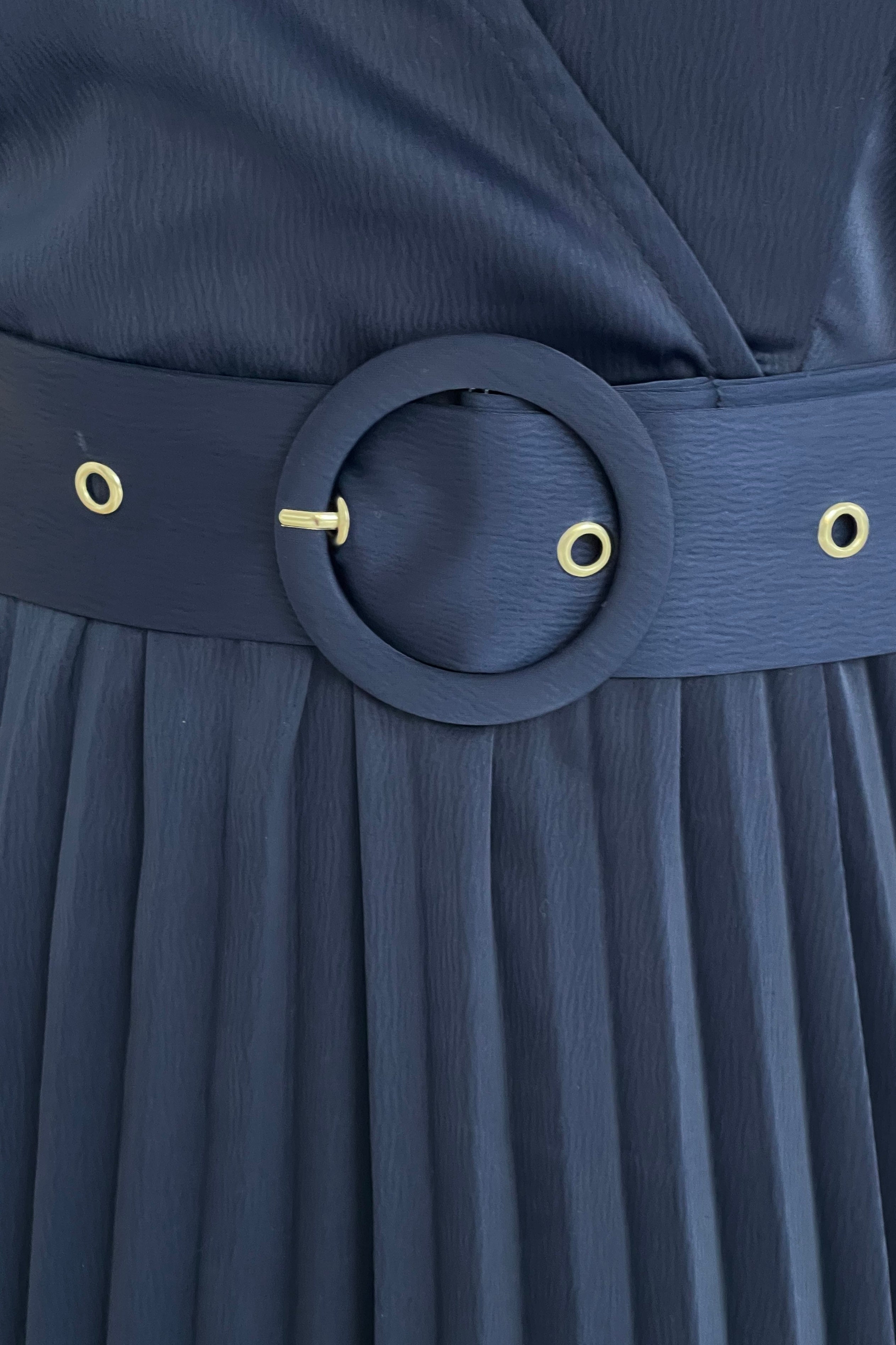 Brooklyn Asymmetric Pleated Belted Midi Dress Navy