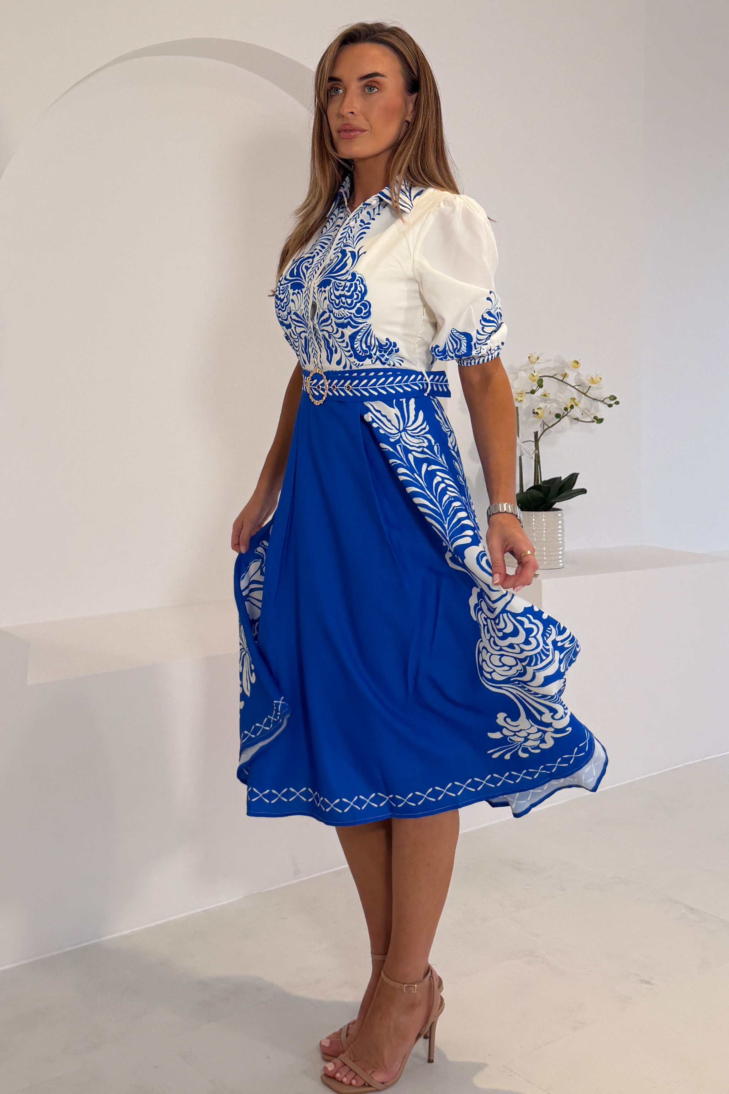 Holland Blue And White Paisley Print Midi Dress