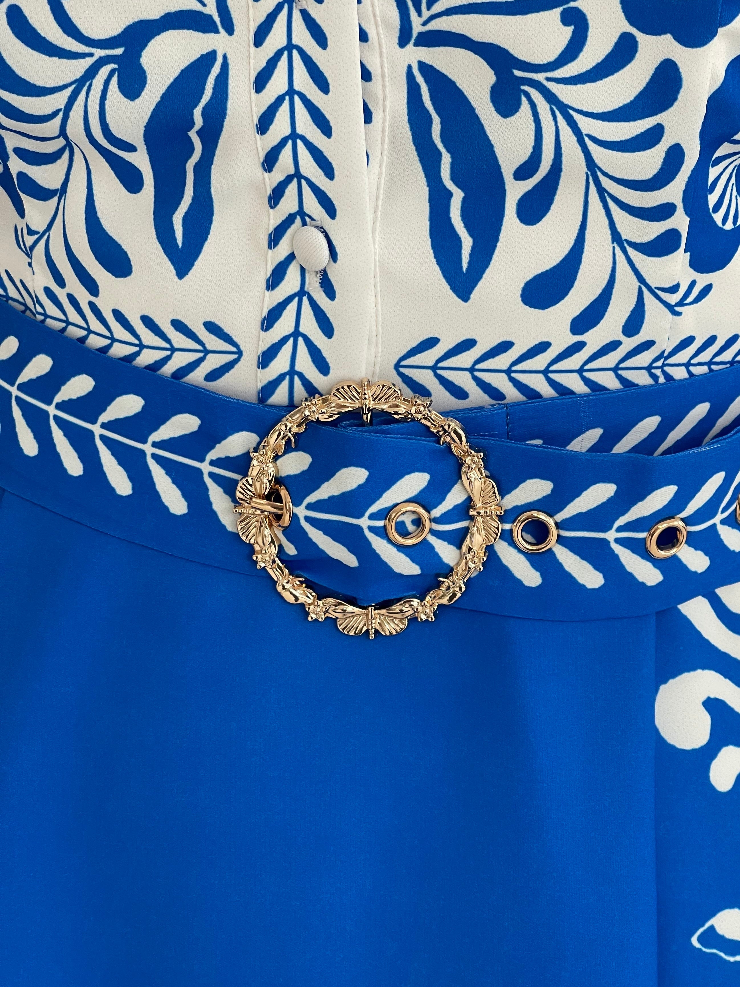 Holland Blue And White Paisley Print Midi Dress