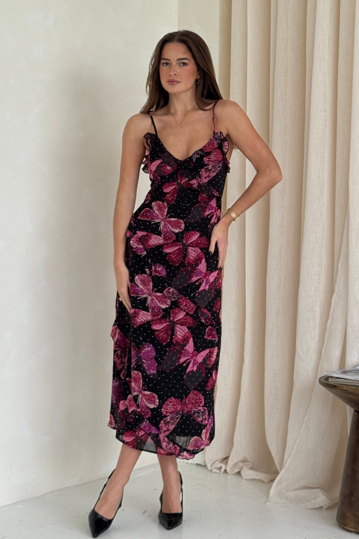 Ainsley Frill Detail Diamond Butterfly Print Midi Dress Black