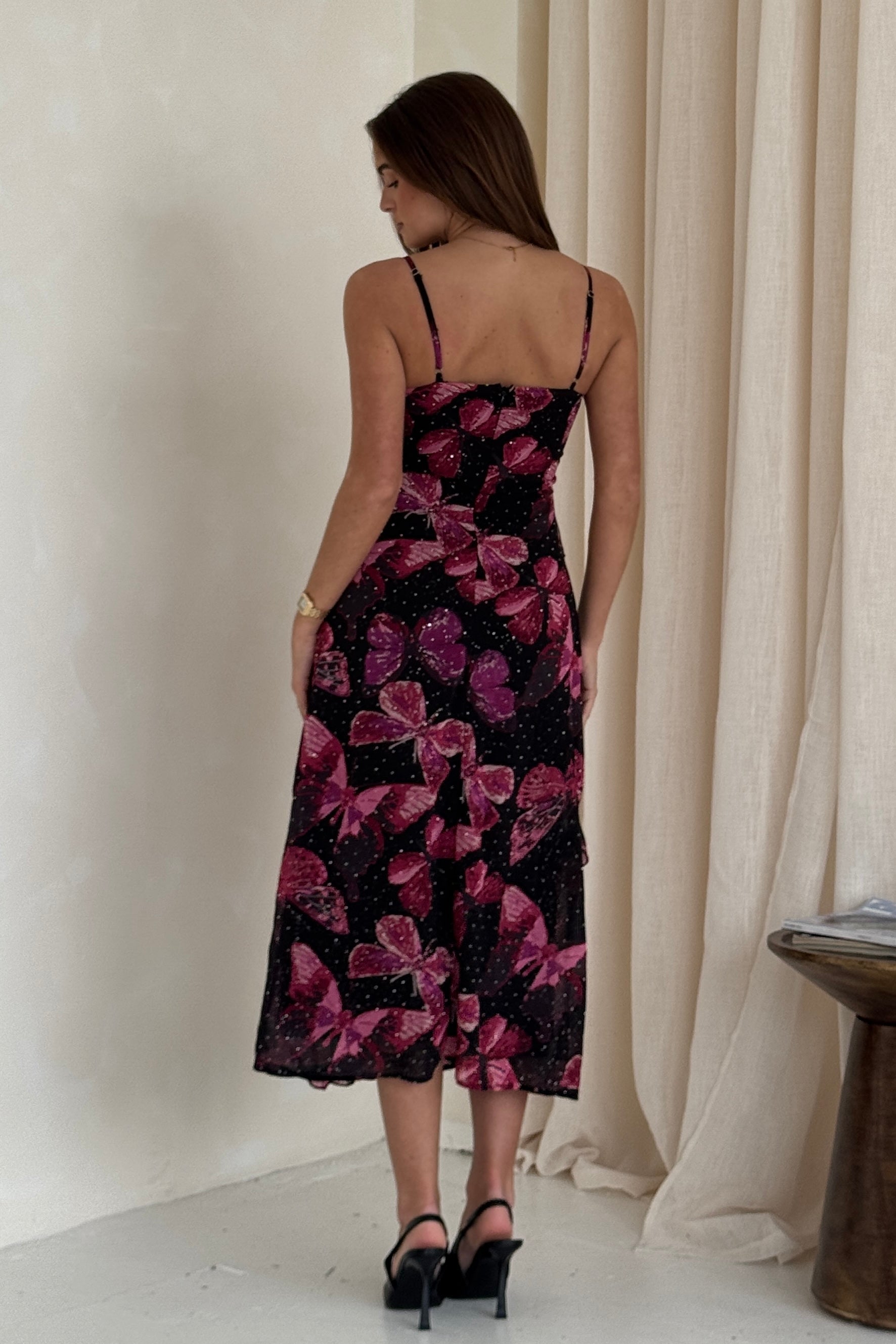 Ainsley Frill Detail Diamond Butterfly Print Midi Dress Black