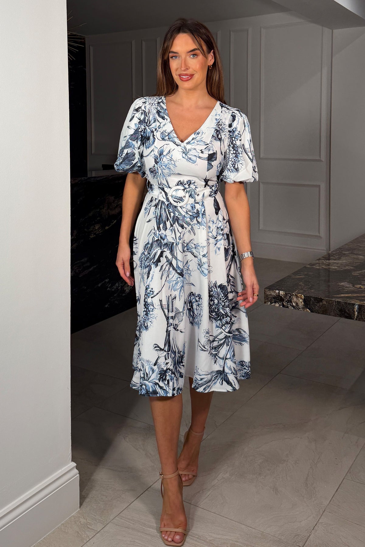 Bryn V Neck Puff Sleeve Belted Midi Dress Blue Floral
