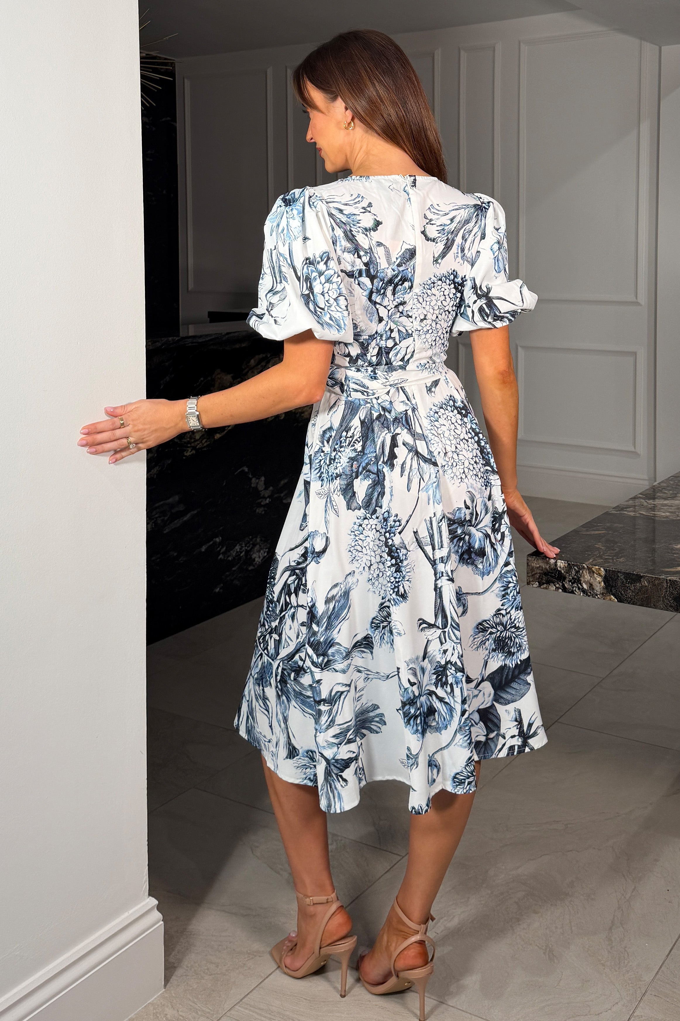 Bryn V Neck Puff Sleeve Belted Midi Dress Blue Floral