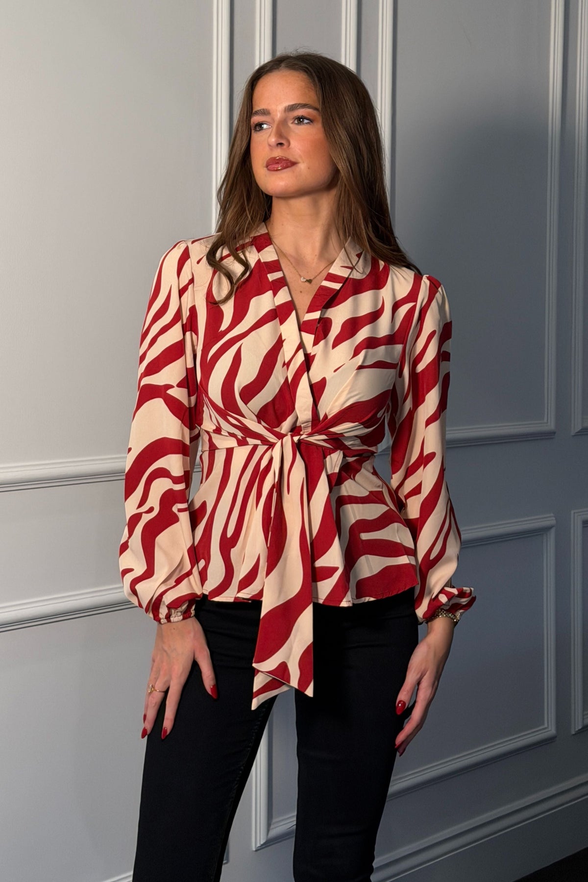 Brooke Red Animal Print Tie Front Top