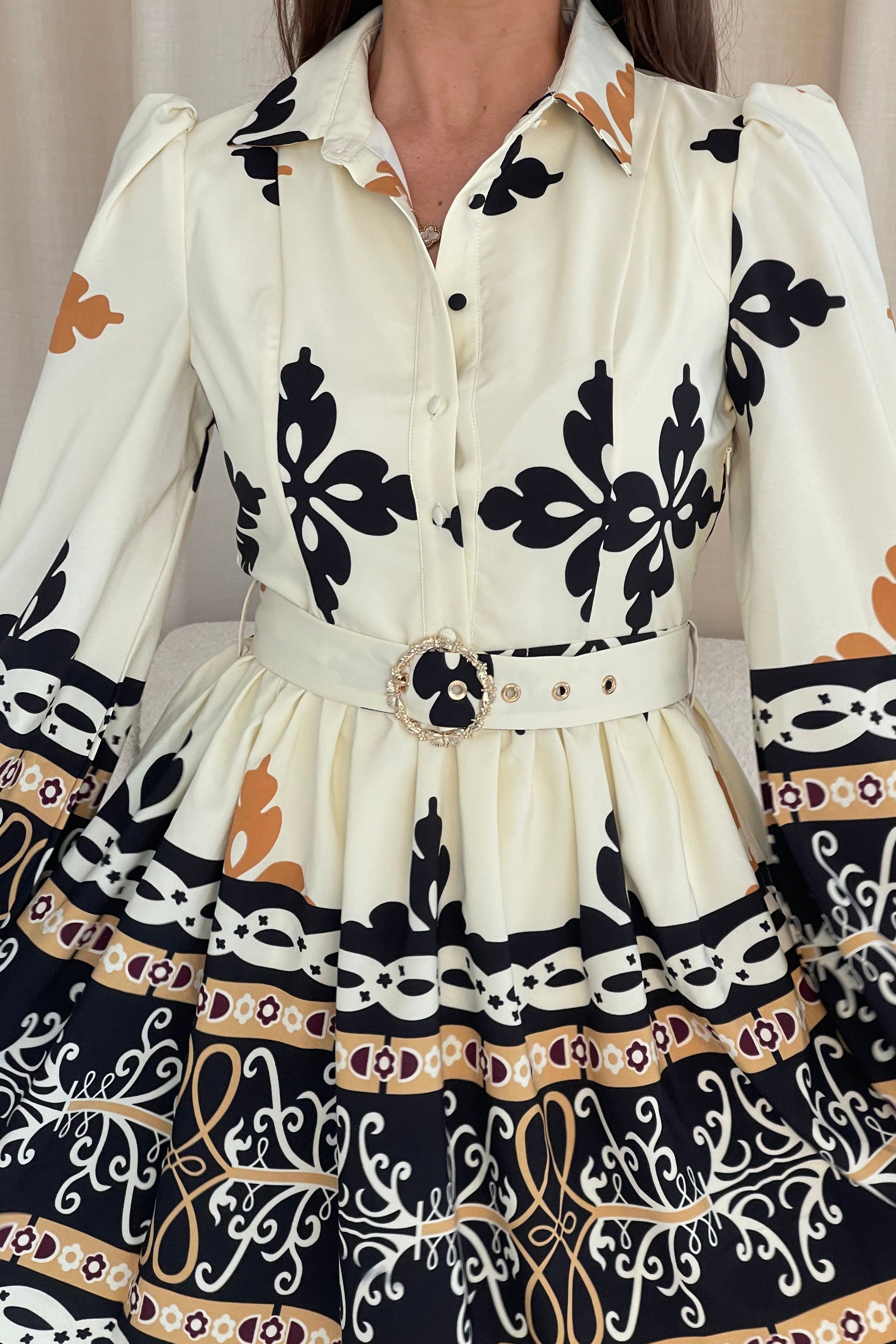 Holland Border Print Shirt Mini Dress Cream