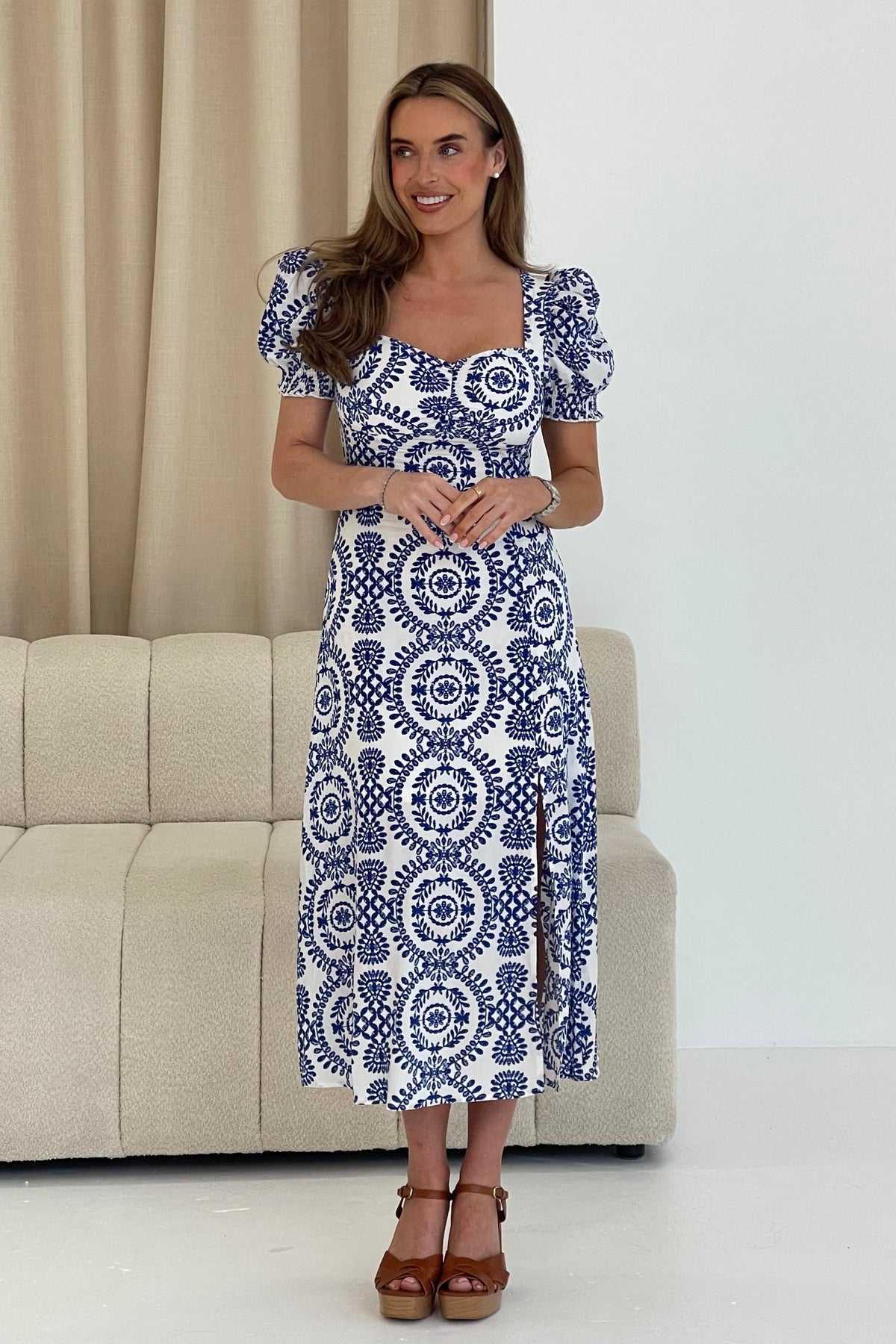 Lillian Blue Embroderie Print Midi Dress
