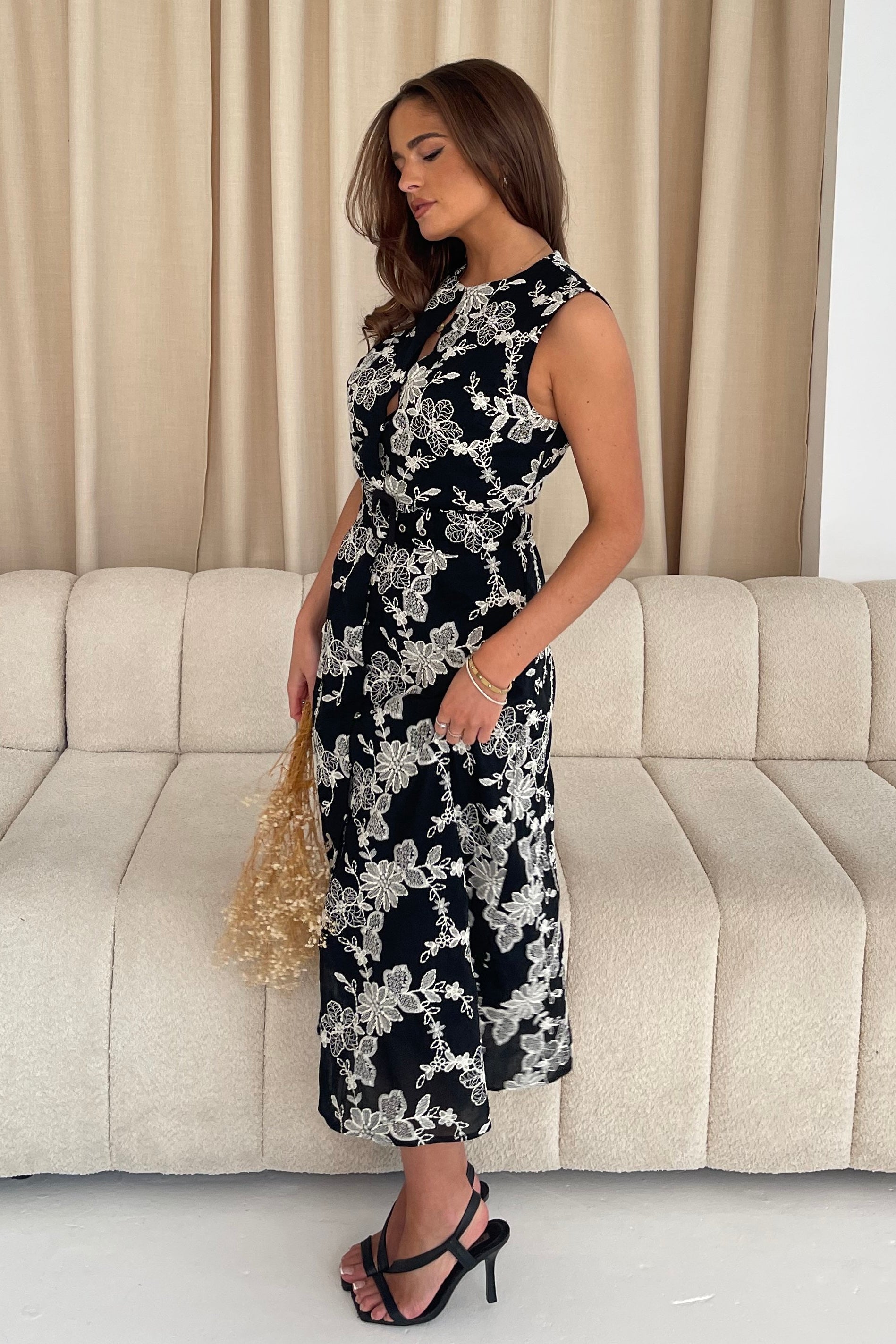 Cordelia Floral Embroidery Midi Dress Black