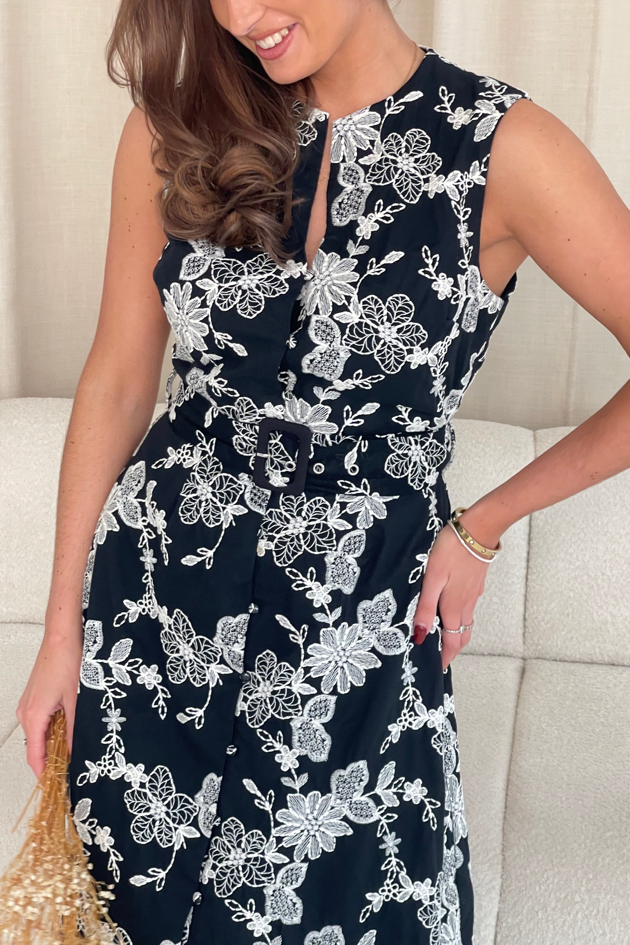 Cordelia Floral Embroidery Midi Dress Black