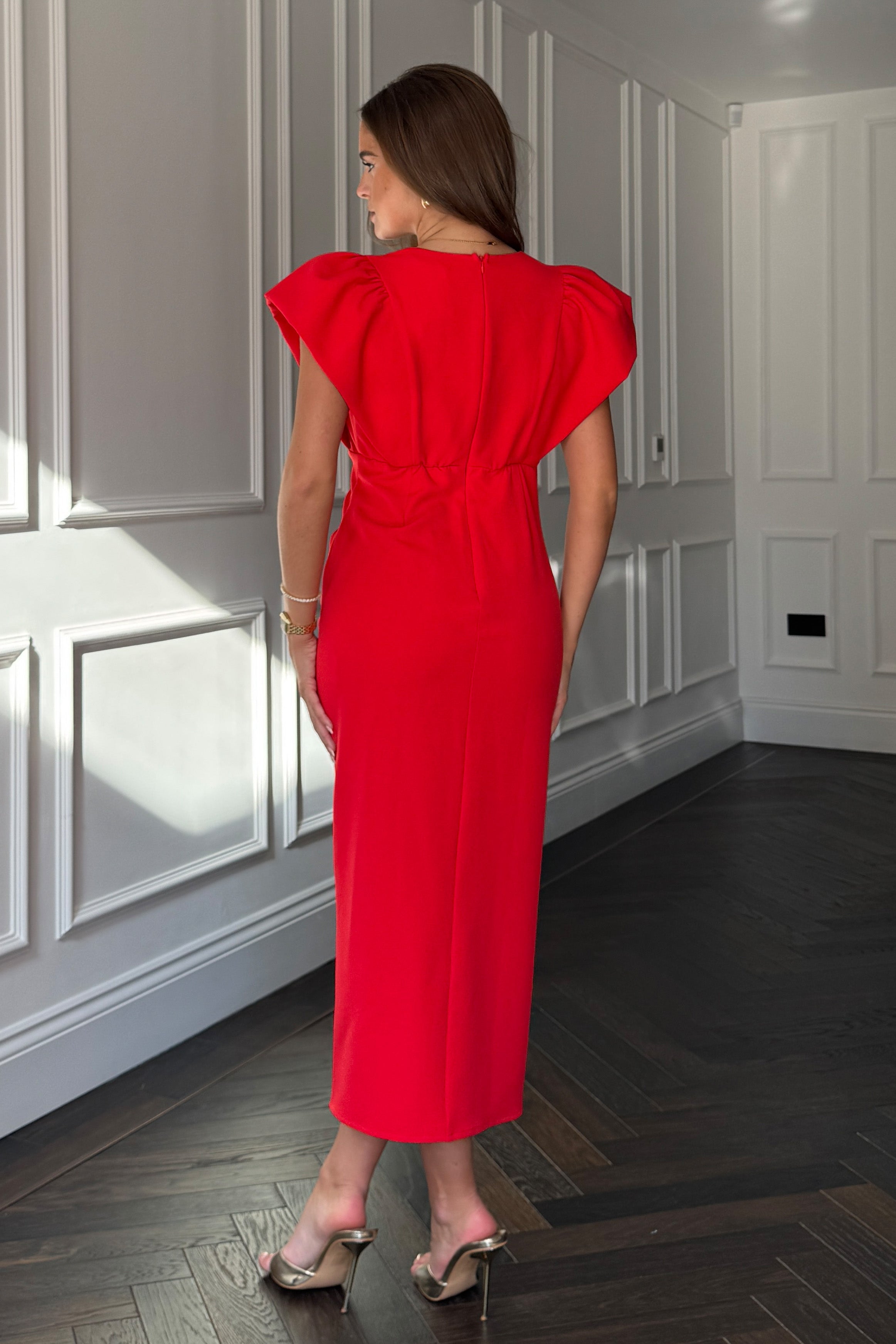 Katniss Statement Sleeve Pleat Detail Midi Dress Red