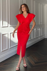 Katniss Statement Sleeve Pleat Detail Midi Dress Red