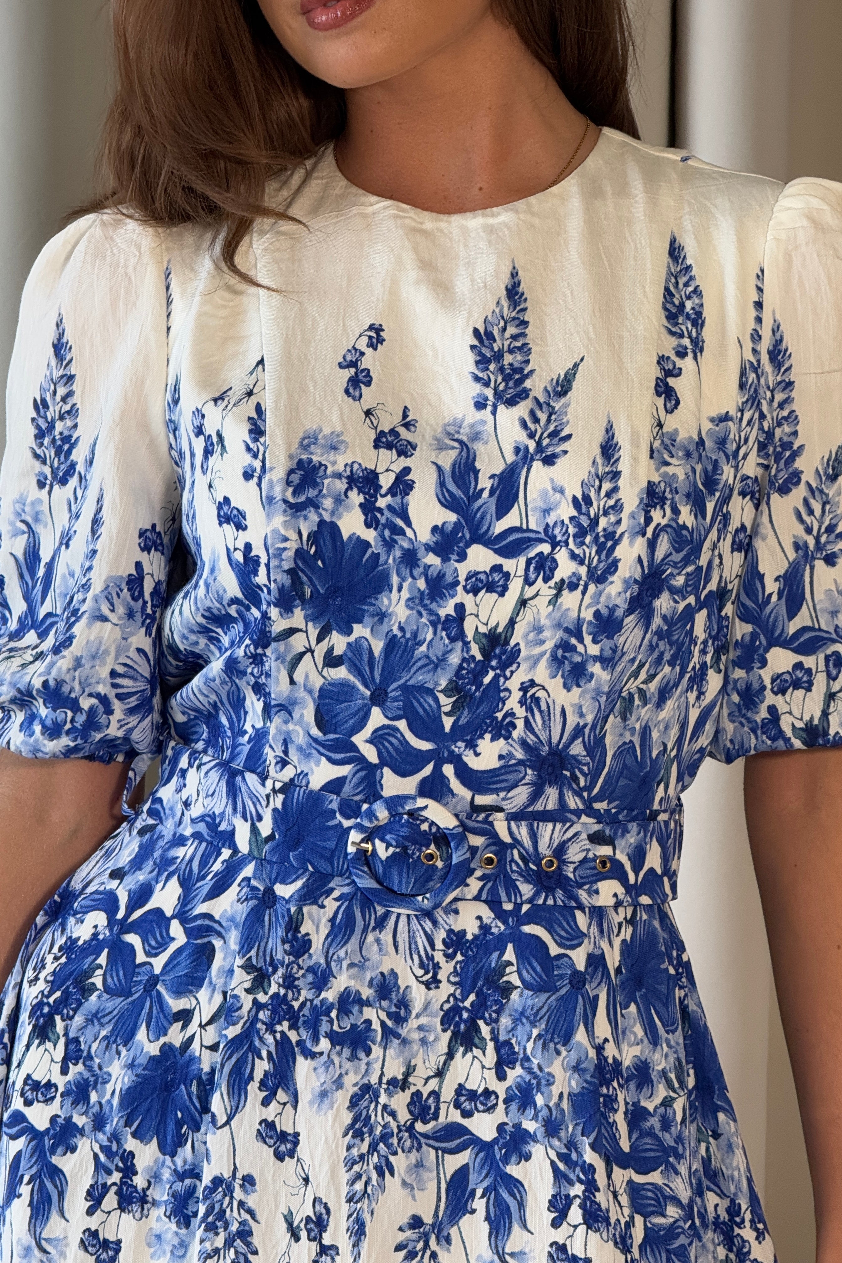 Foster Round Neck Puff Sleeve Midi Dress Blue Floral