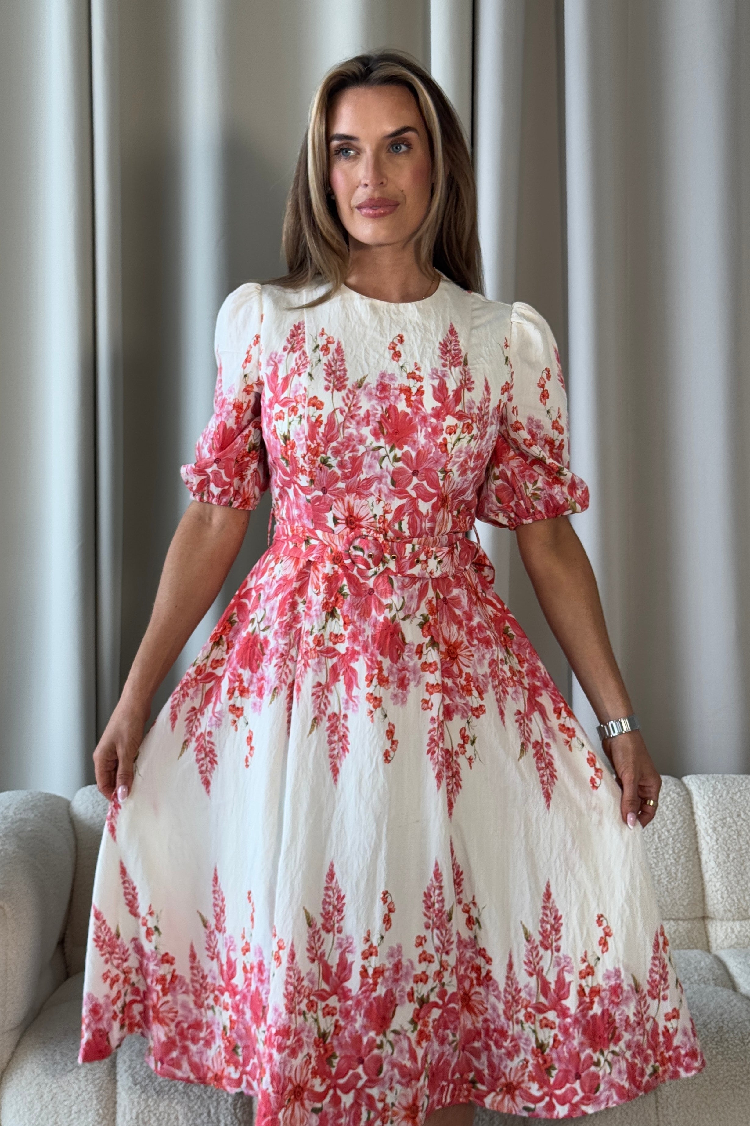 Foster Round Neck Puff Sleeve Midi Dress Pink Floral