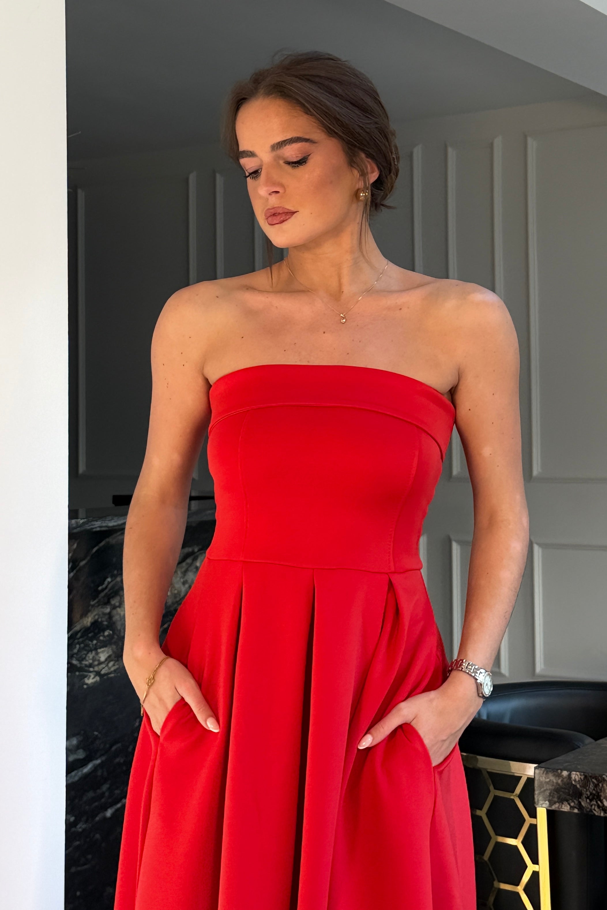 Danni Strapless Bandeau Midi Dress Red