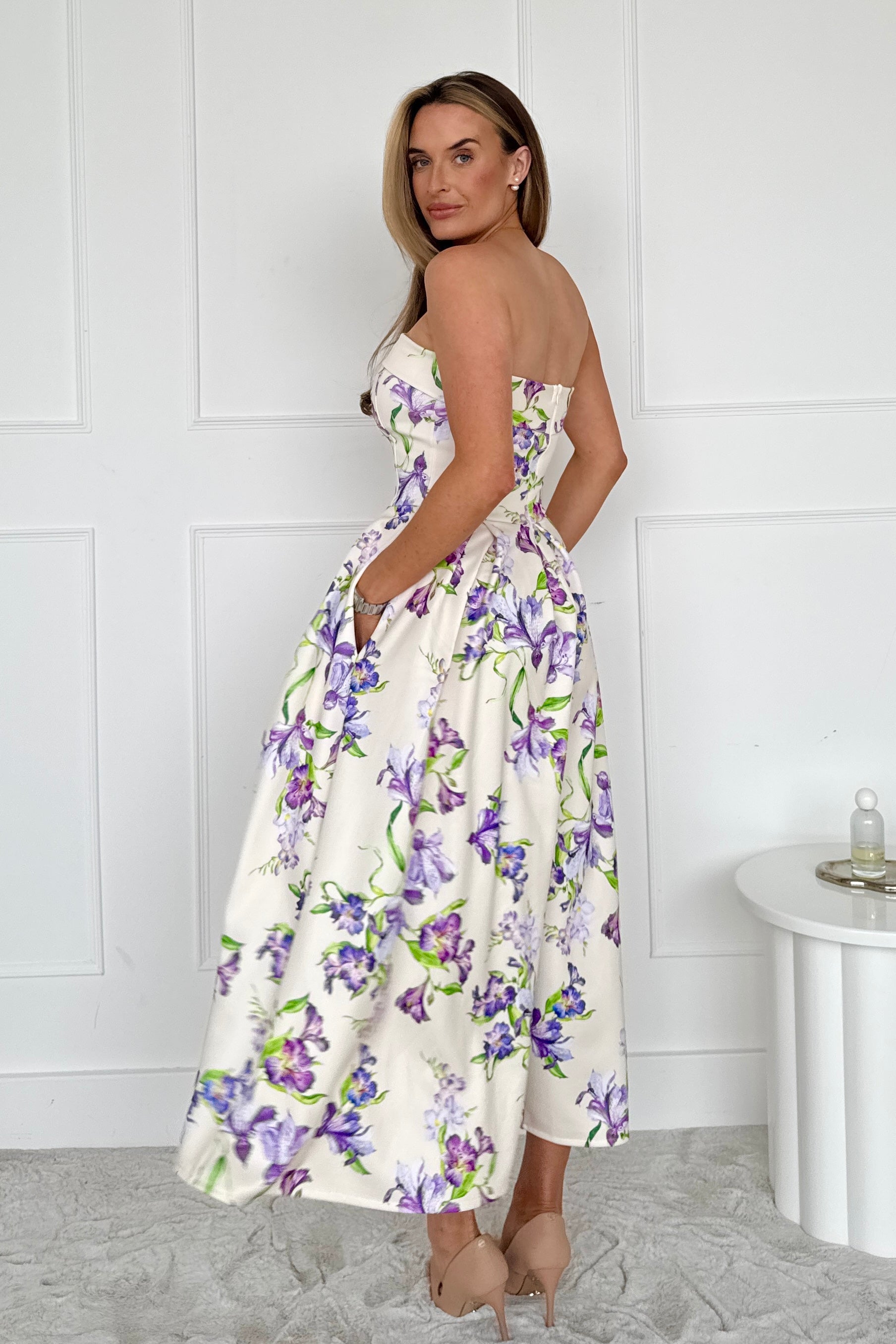 Danni Strapless Bandeau Midi Dress Yellow Floral