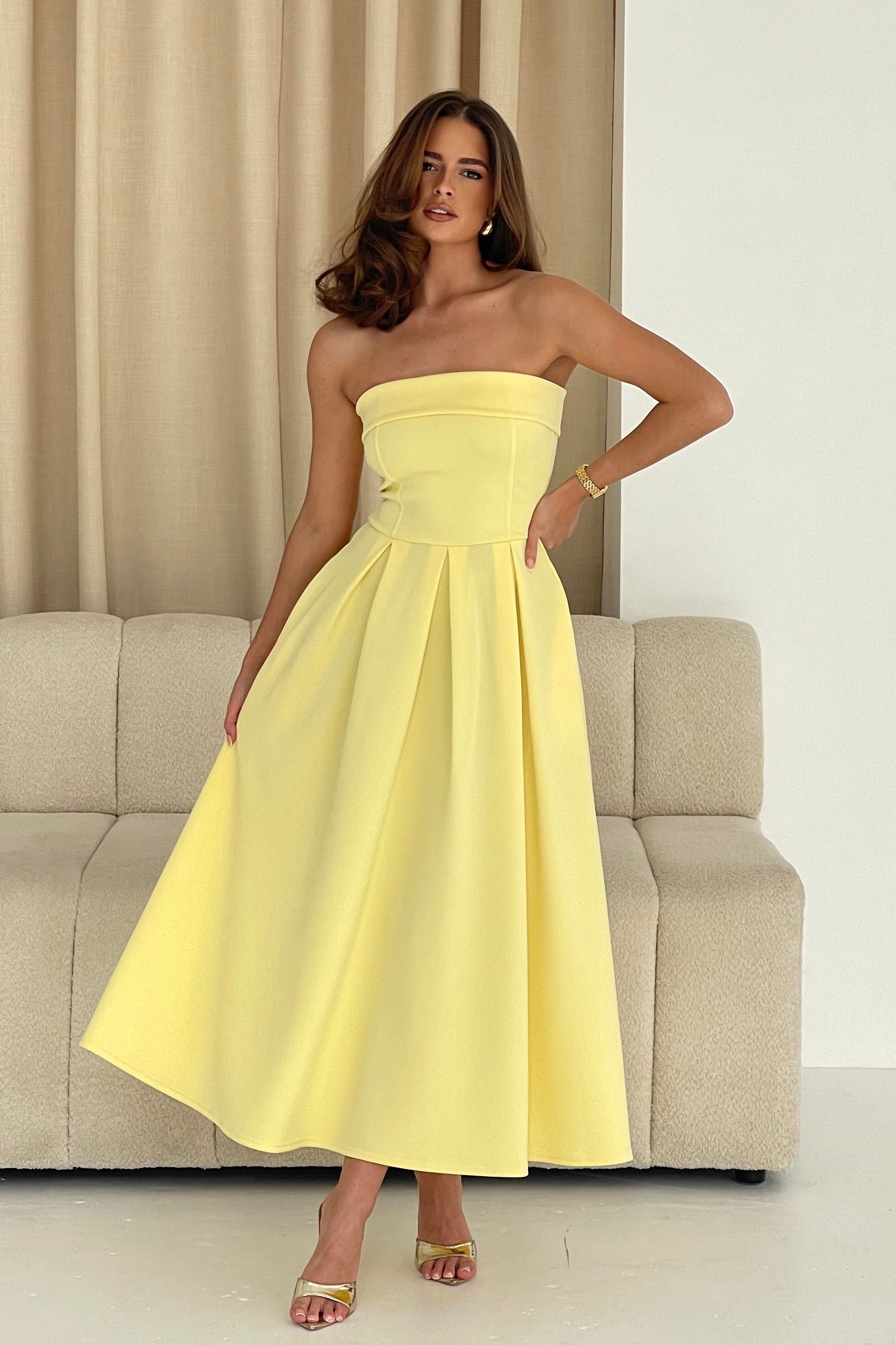 Danni Strapless Bandeau Midi Dress Yellow