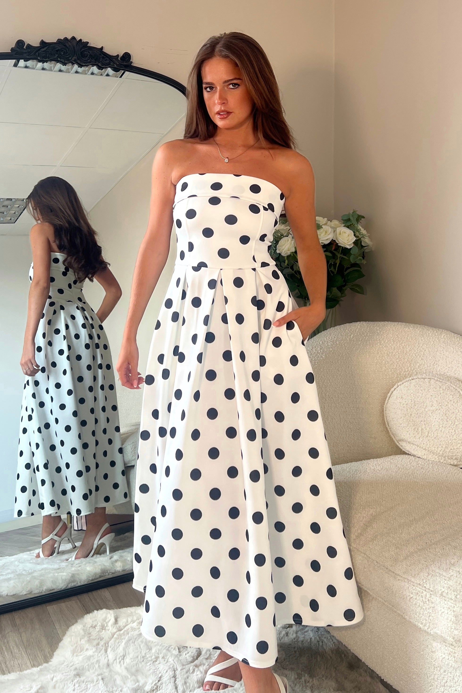Danni Strapless Bandeau Midi Dress Spot Print