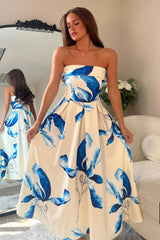 Danni Strapless Bandeau Midi Dress Yellow And Blue Floral