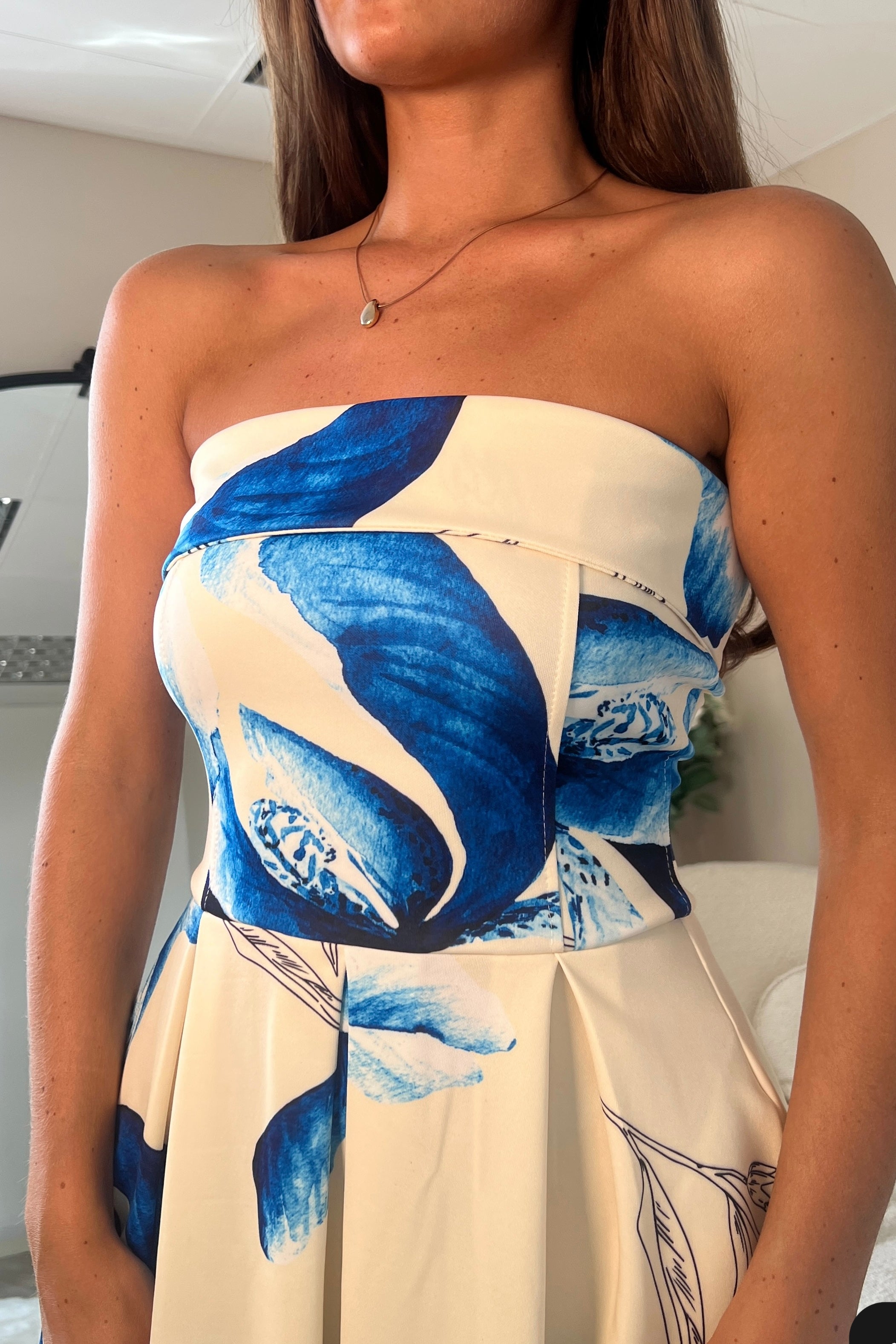 Danni Strapless Bandeau Midi Dress Yellow And Blue Floral