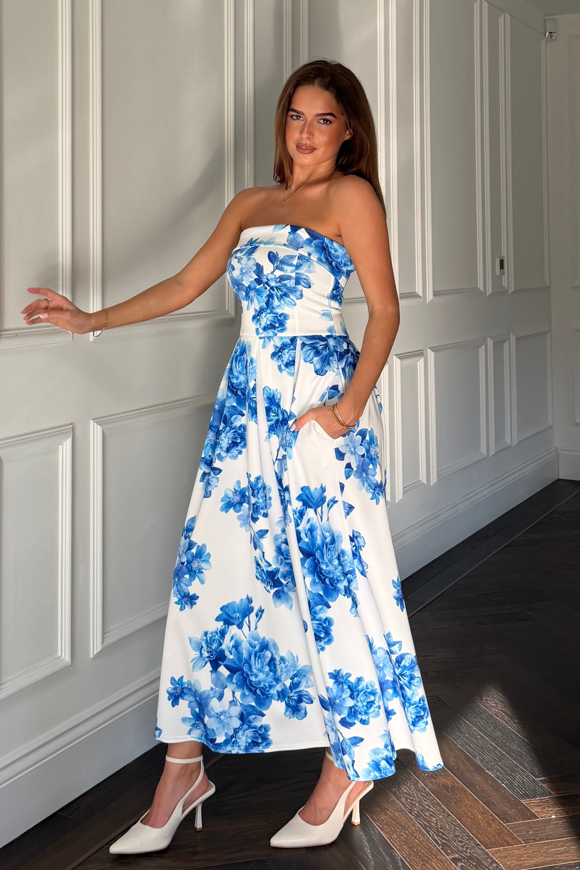 Danni Strapless Bandeau Midi Dress Blue Floral