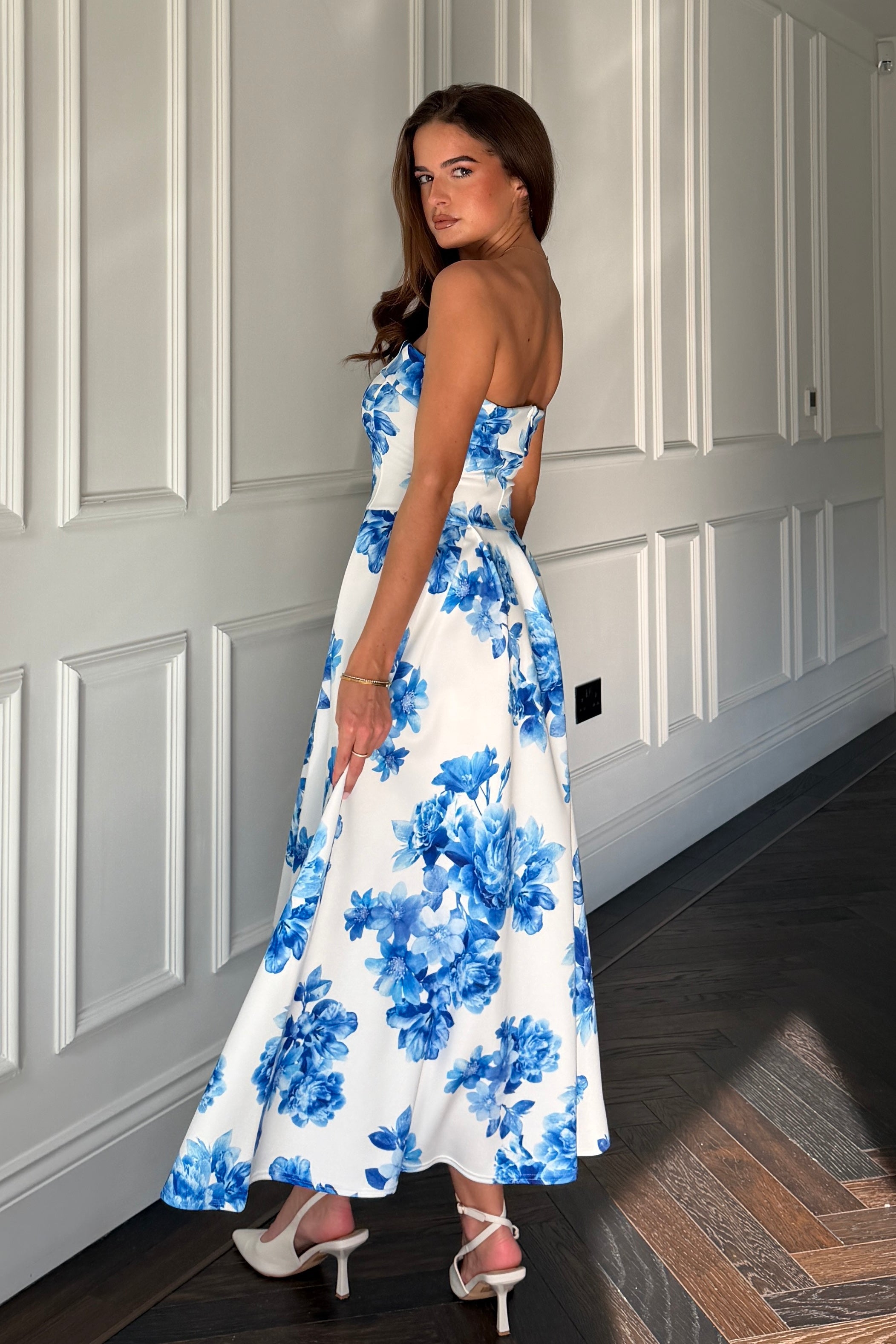 Danni Strapless Bandeau Midi Dress Blue Floral