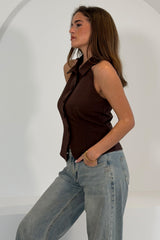 Andy Collared Racer Neck Waistcoat Brown