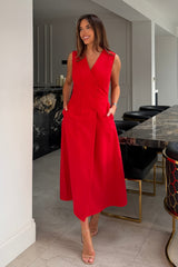 Hazel Tailored Sleeveless Midi Dress Red