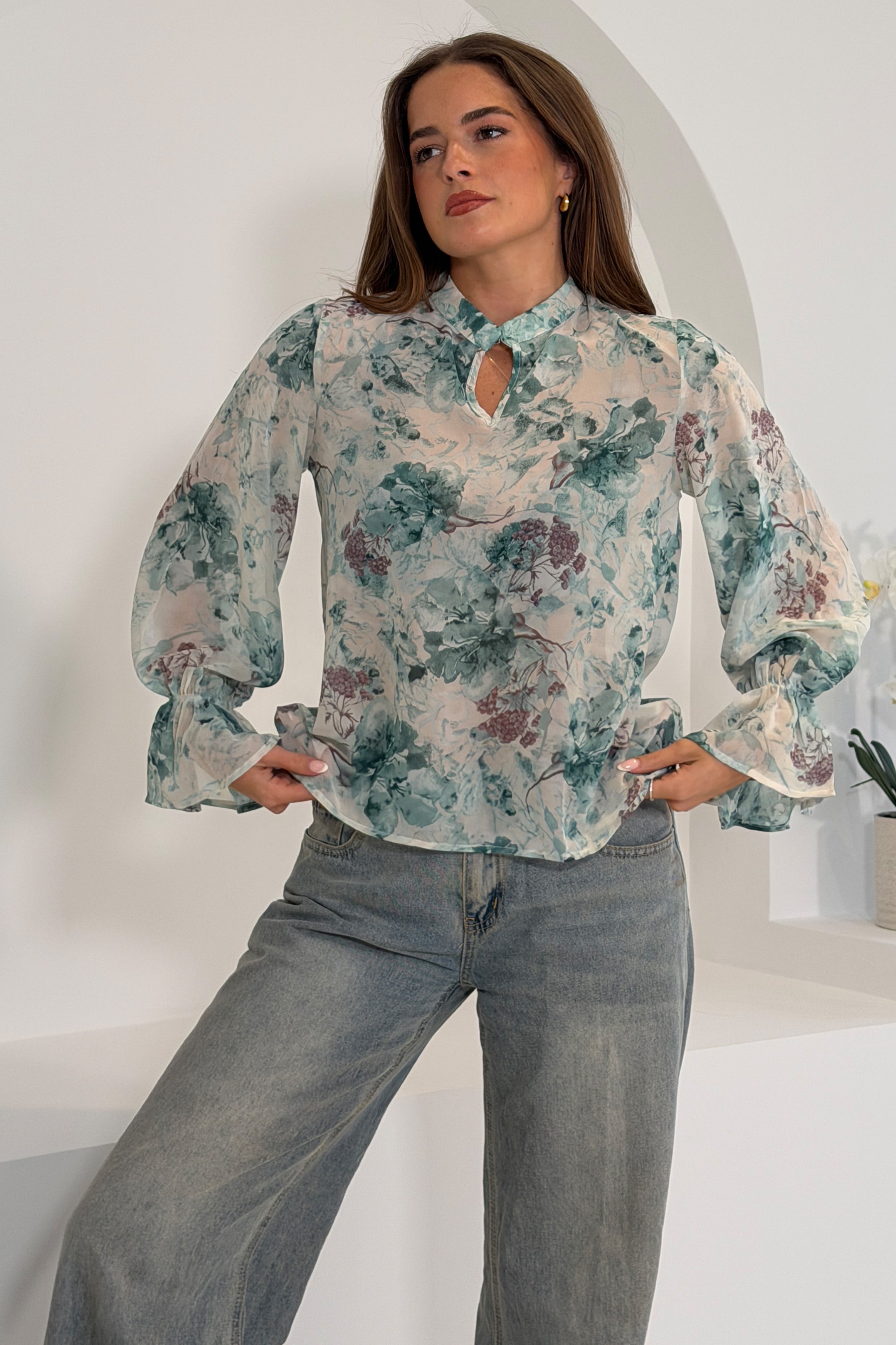 Aideen Frill Sleeve Floral High Neck Blouse
