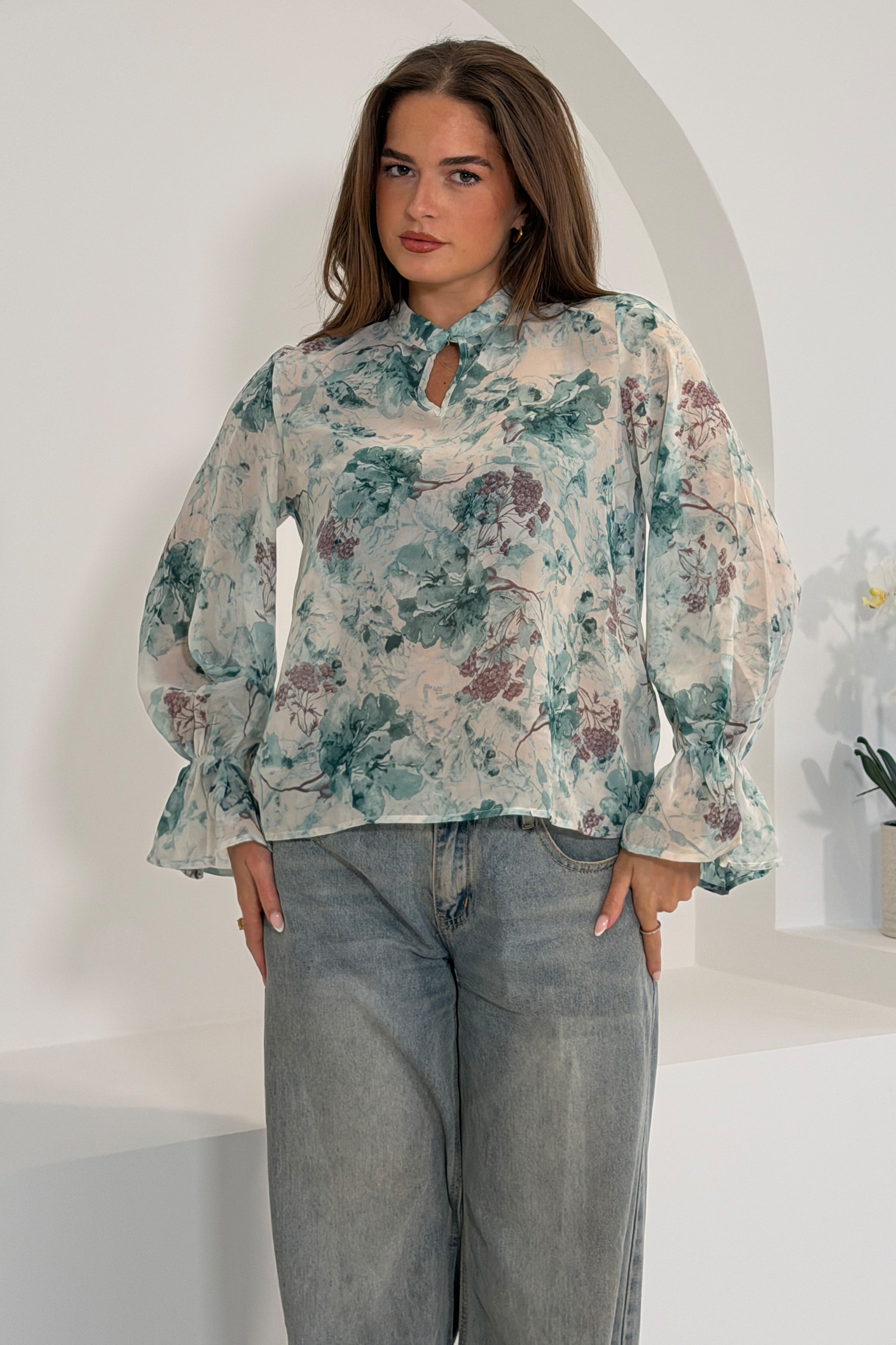 Aideen Frill Sleeve Floral High Neck Blouse