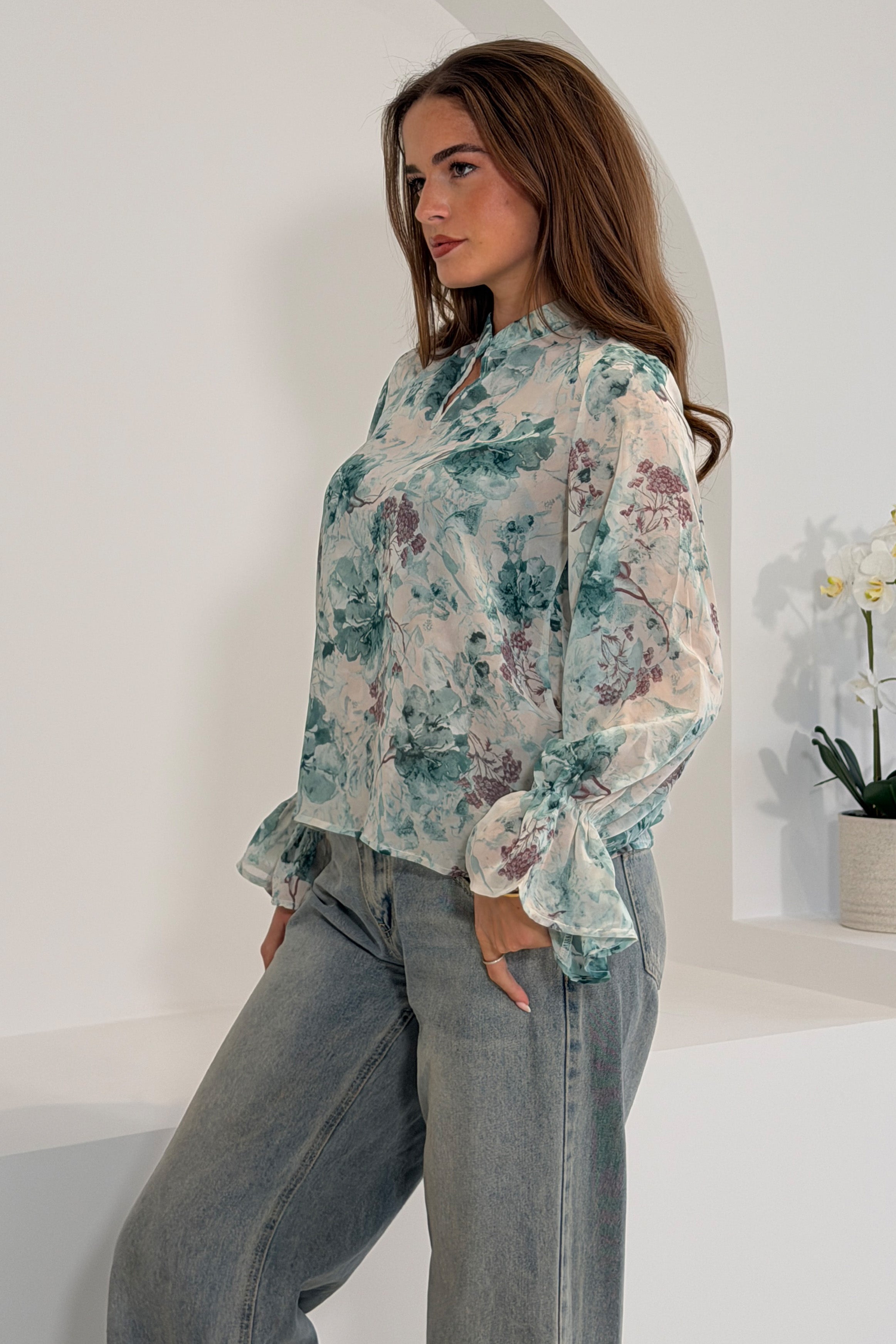 Aideen Frill Sleeve Floral High Neck Blouse