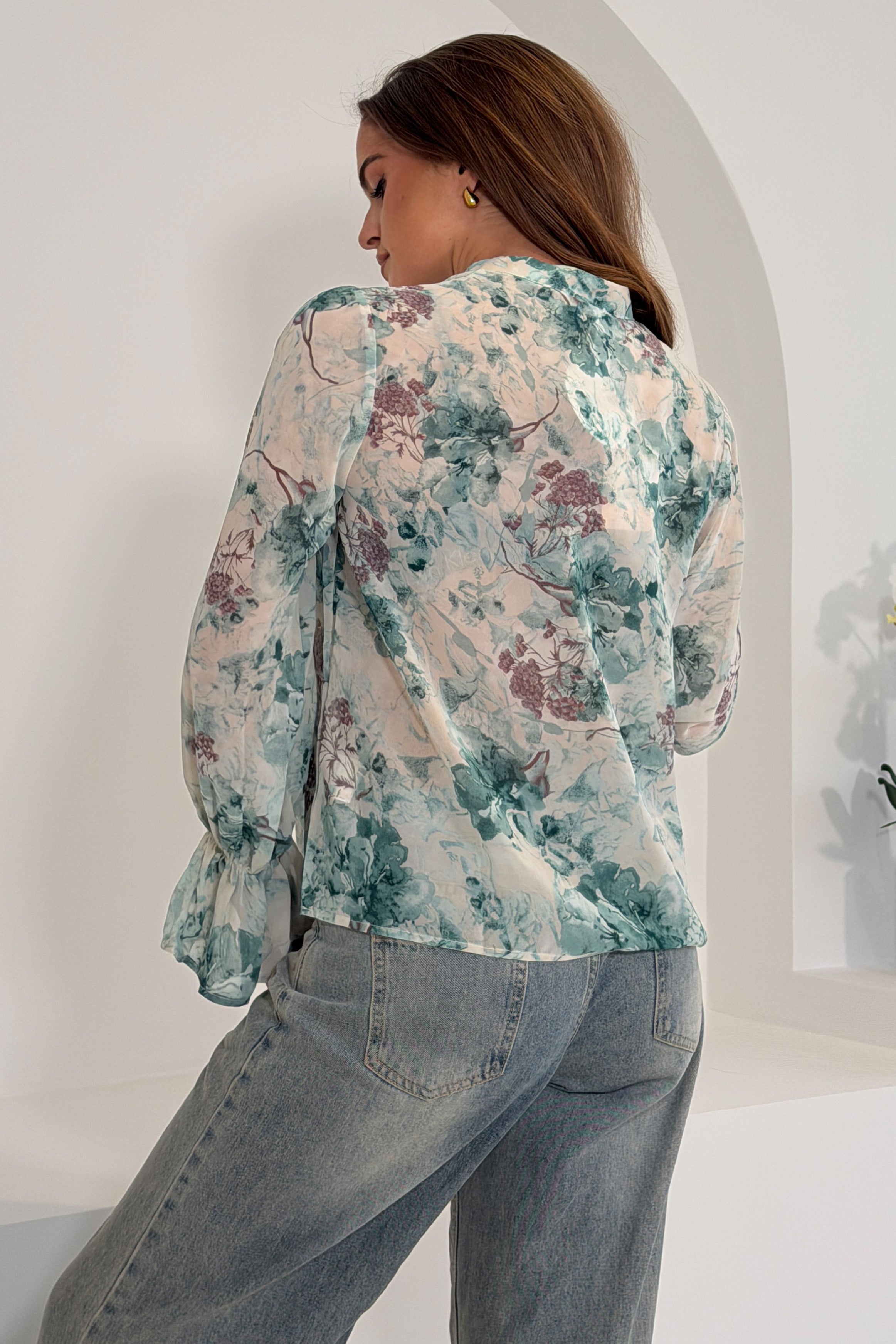 Aideen Frill Sleeve Floral High Neck Blouse