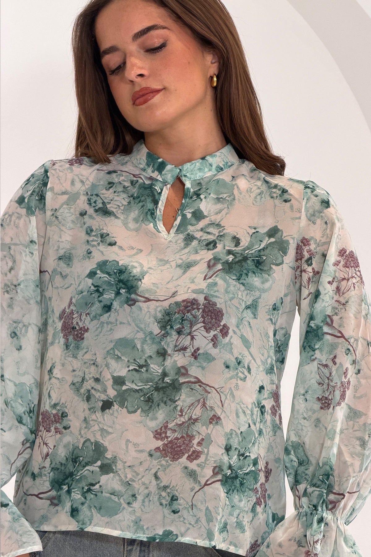 Aideen Frill Sleeve Floral High Neck Blouse
