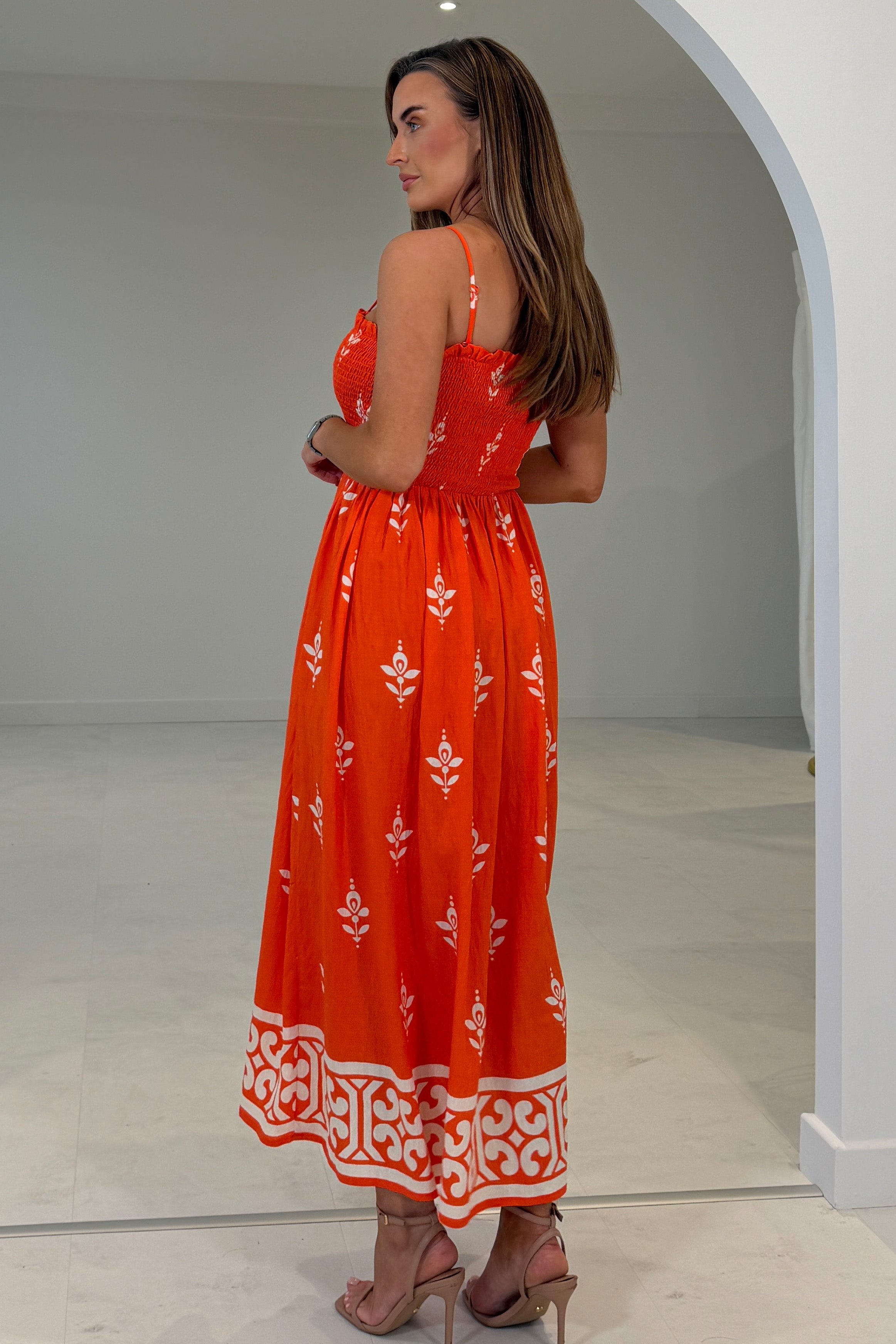 Abby Orange Border Print Maxi Dress