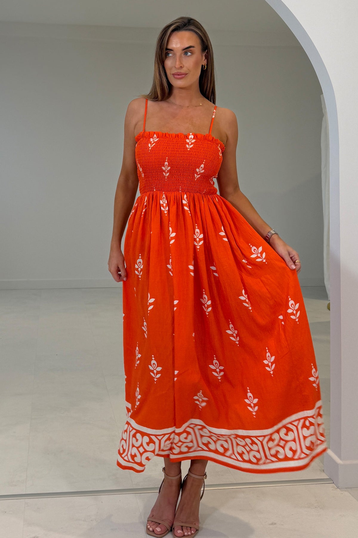 Abby Orange Border Print Maxi Dress